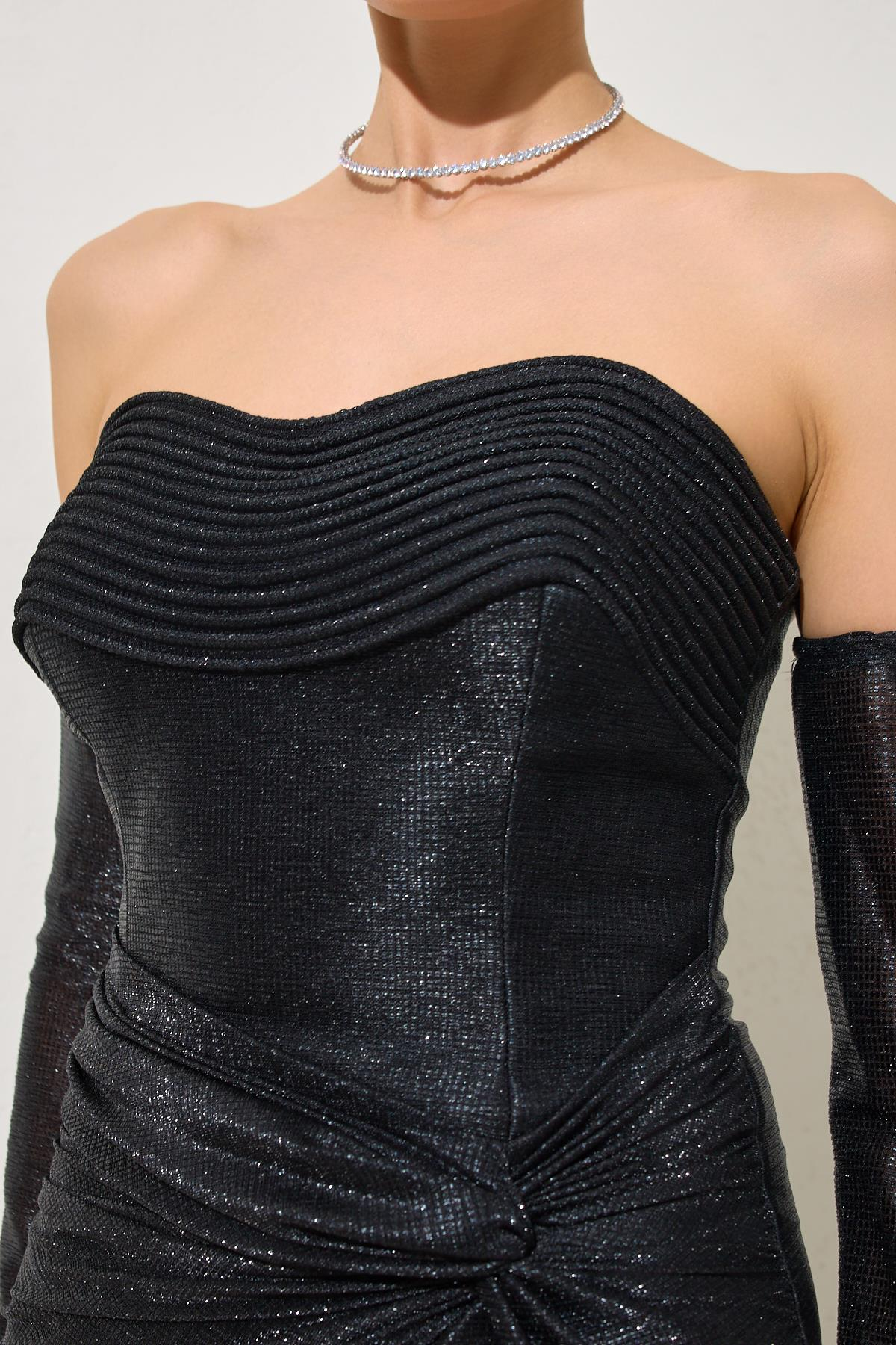 Siyah Omuz Ve Yakada Drape Ve Bel Detaylı Uzun Abiye Elbise Kadın Abiye Elbise modelleri