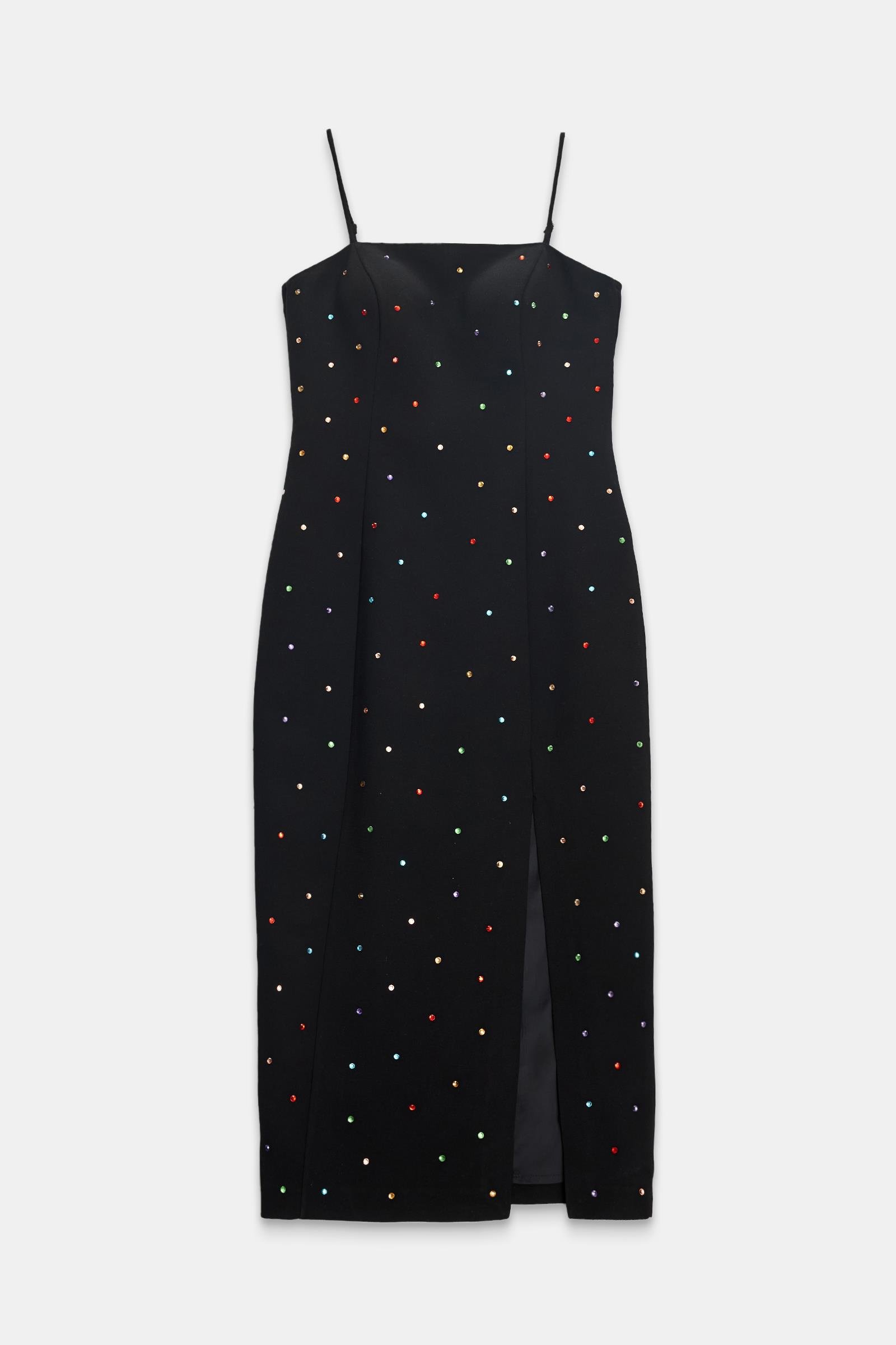 Siyah Renkli Taş Detaylı İp Askılı Yırtmaç Detaylı Geniş Kalıp Midi Boy Elbise Kadın Abiye Elbise modelleri