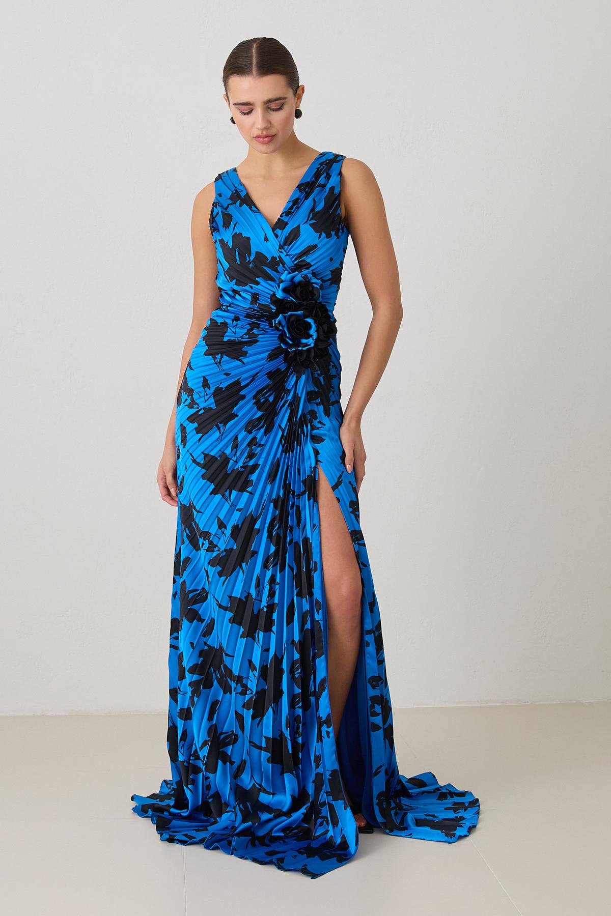 Siyah-Saks Asimetrik Yaka Drapeli Kolsuz Uzun Boy Abiye Elbise Kadın Abiye Elbise modelleri