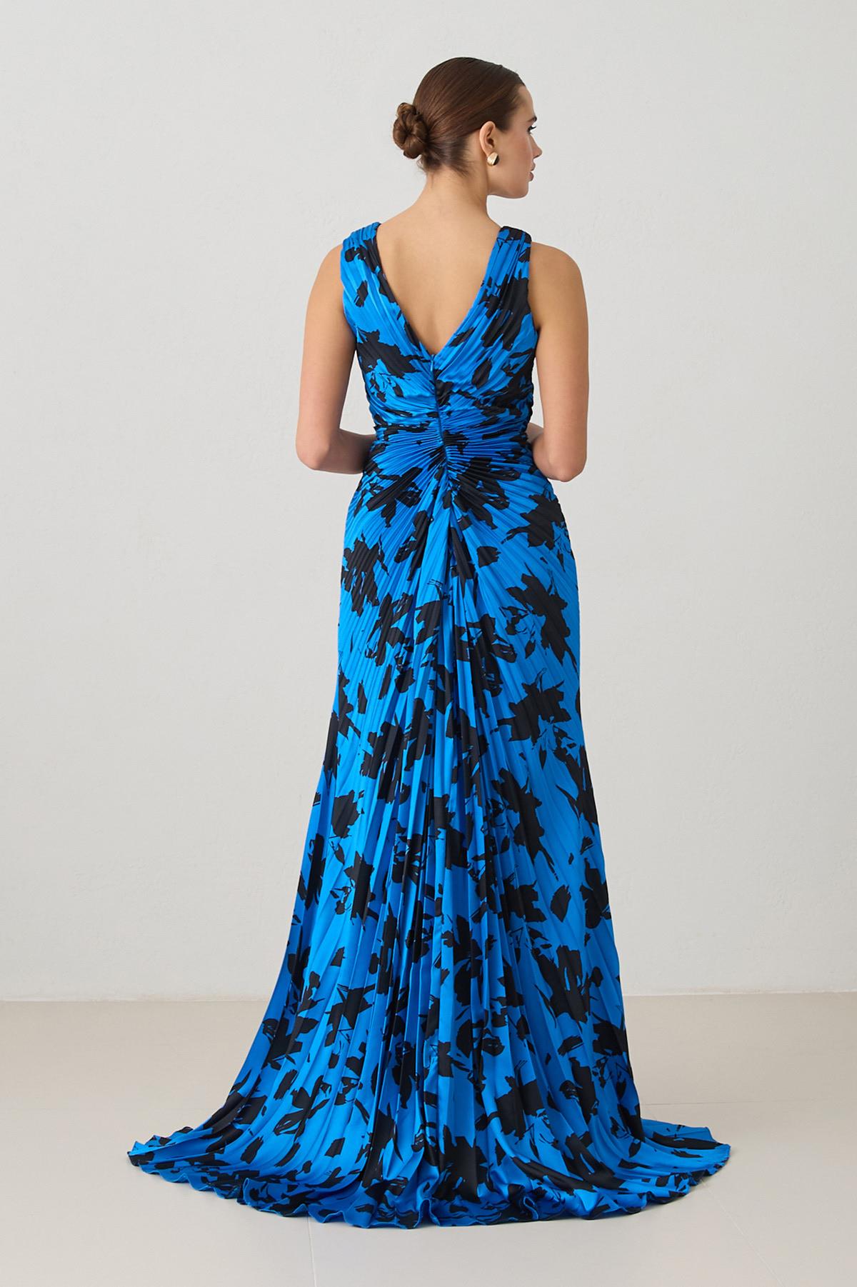 Siyah-Saks Asimetrik Yaka Drapeli Kolsuz Uzun Boy Abiye Elbise Kadın Abiye Elbise modelleri