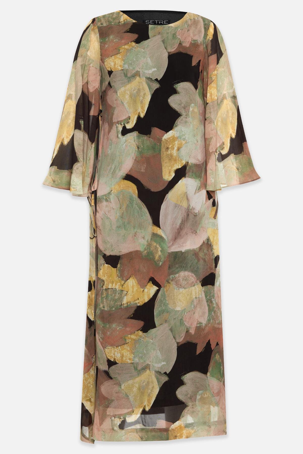 Siyah-Sarı Uzun Kollu Desenli Yandan Bağlama Detaylı Elbise Kadın Kategorisiz modelleri