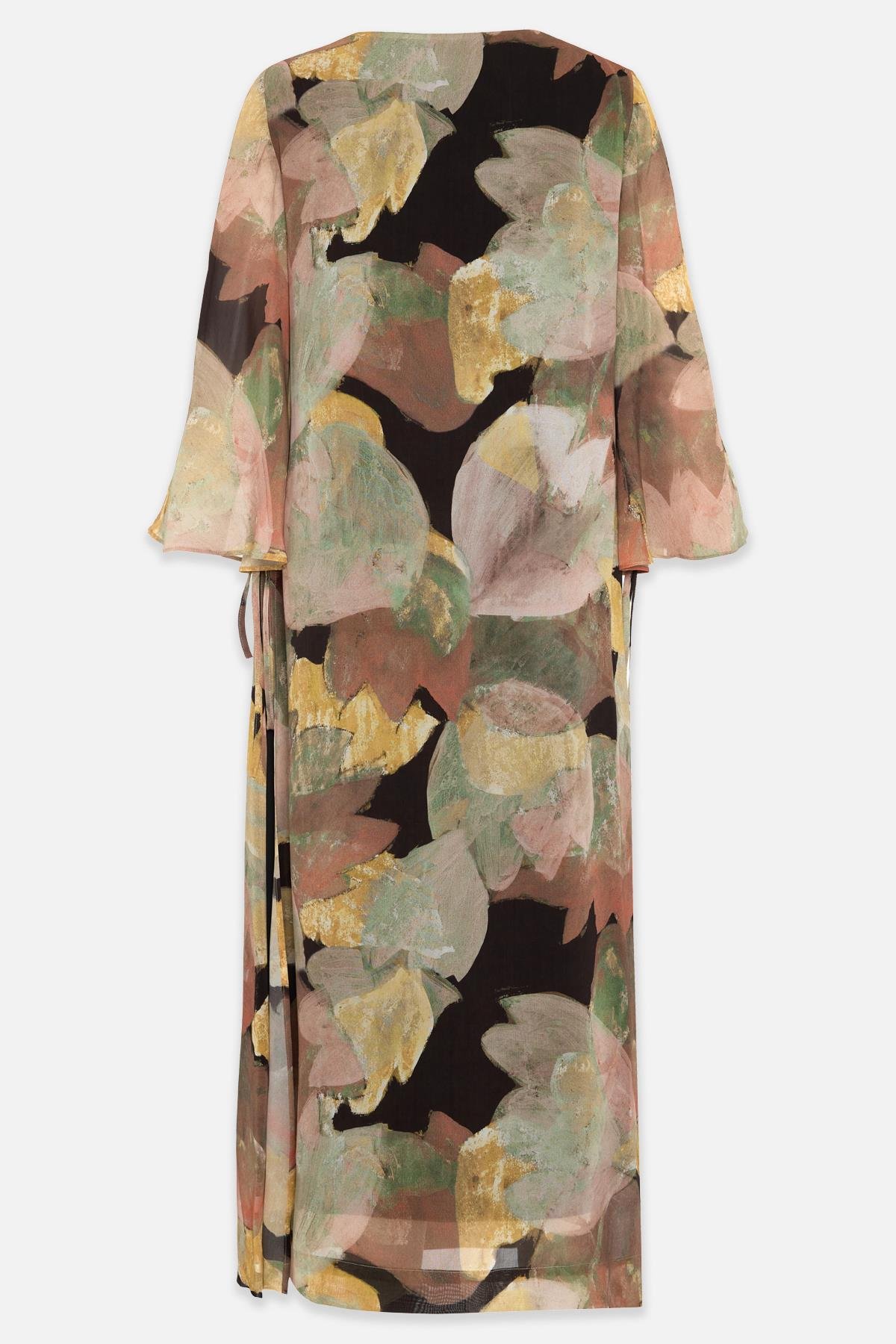 Siyah-Sarı Uzun Kollu Desenli Yandan Bağlama Detaylı Elbise Kadın Kategorisiz modelleri