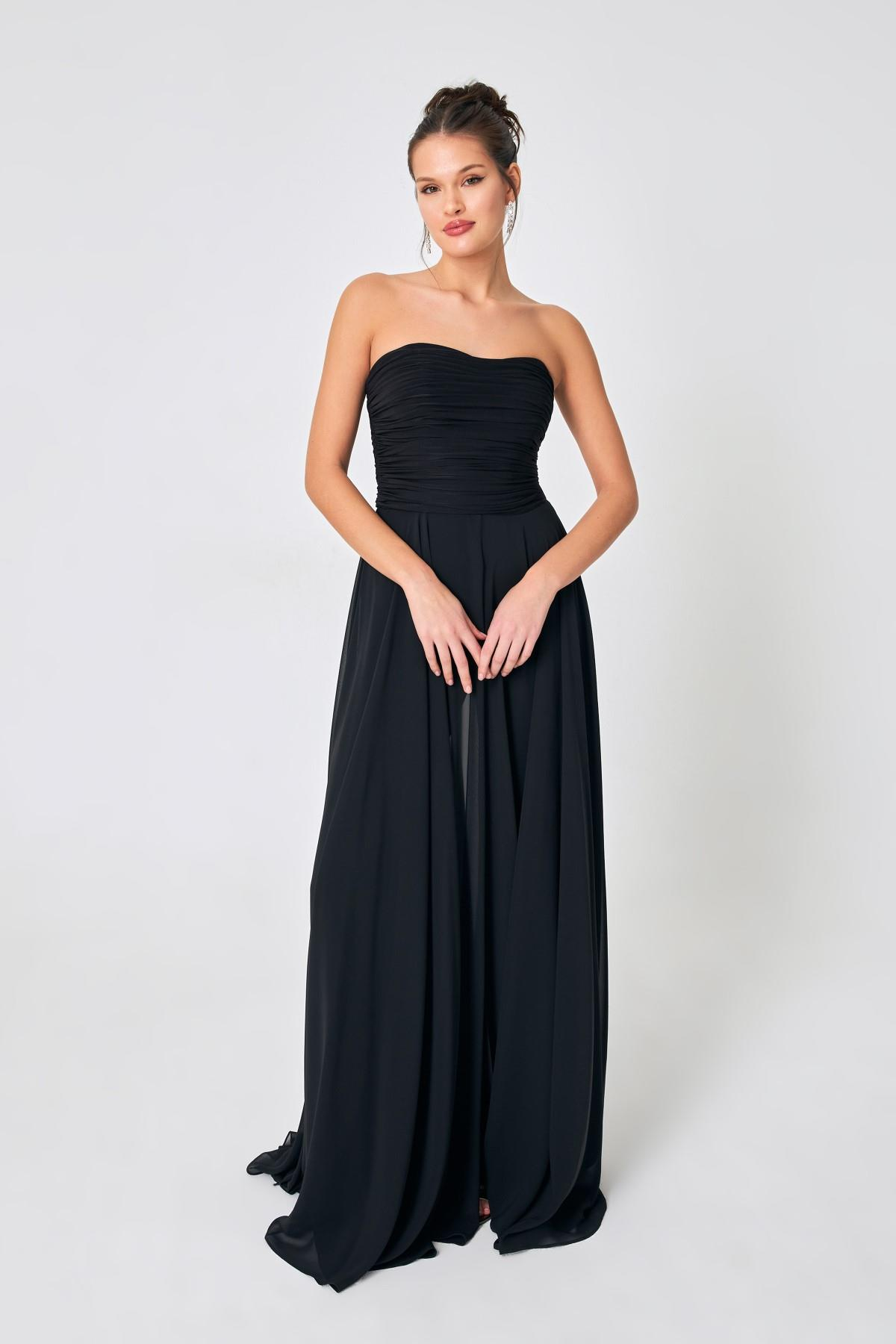 Siyah Straplez Drape  Ve Tül Detaylı Abiye Elbise Kadın Kategorisiz modelleri