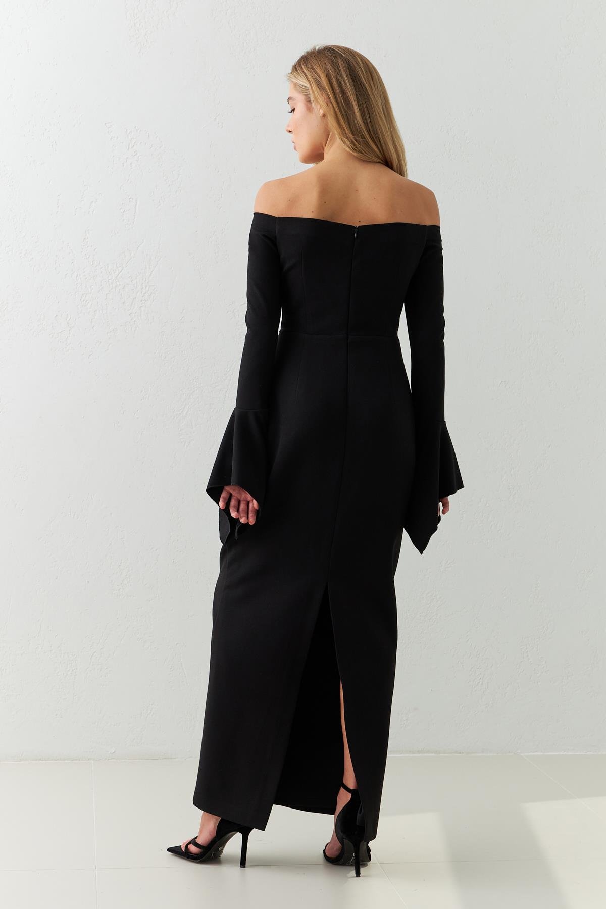 Siyah Tam Kalıp Omuz Ve Kol Detaylı Midi Boy Elbise Kadın Günlük Elbise modelleri