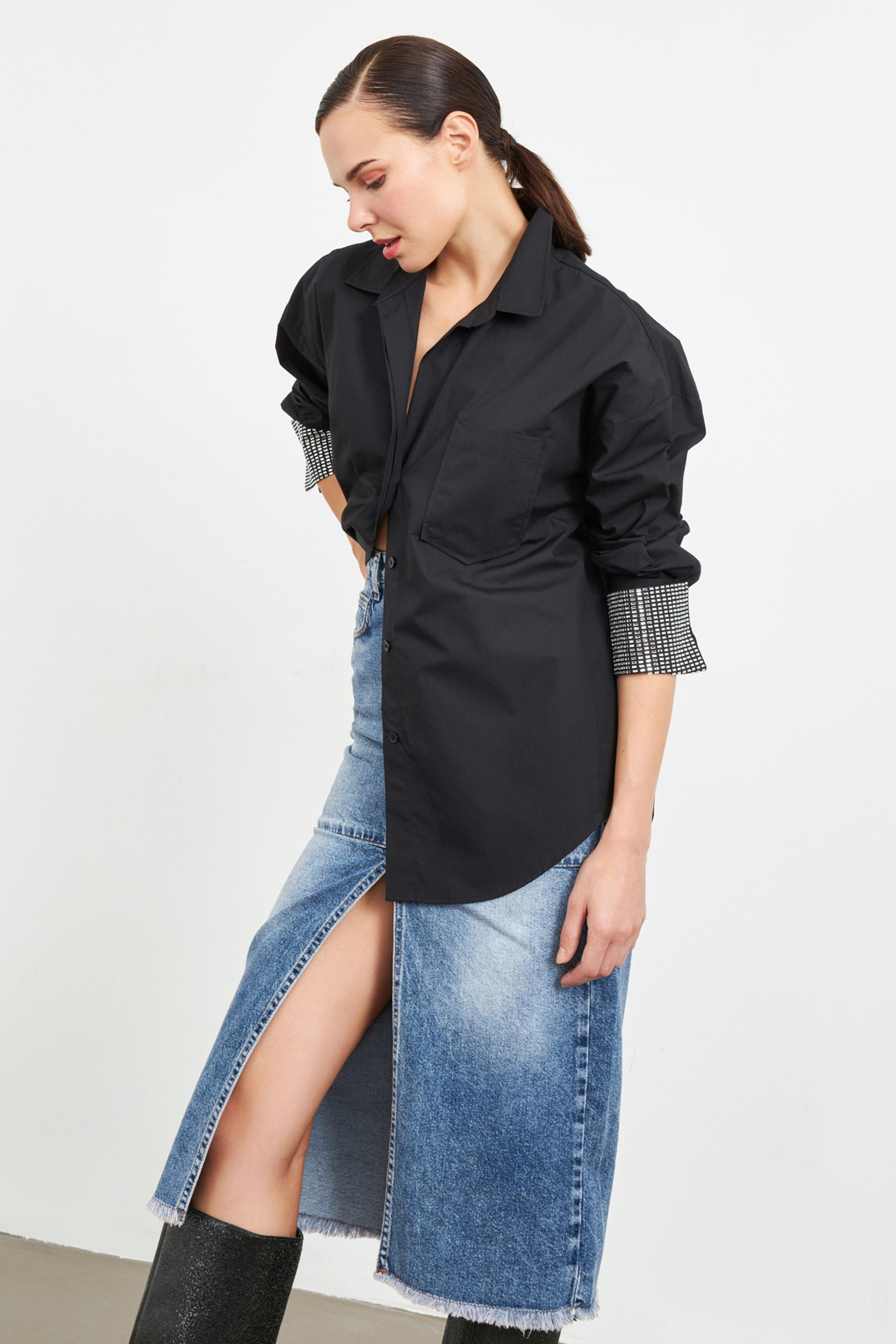 Siyah Taş Detaylı Uzun Kollu Gömlek Kadın Gömlek modelleri
