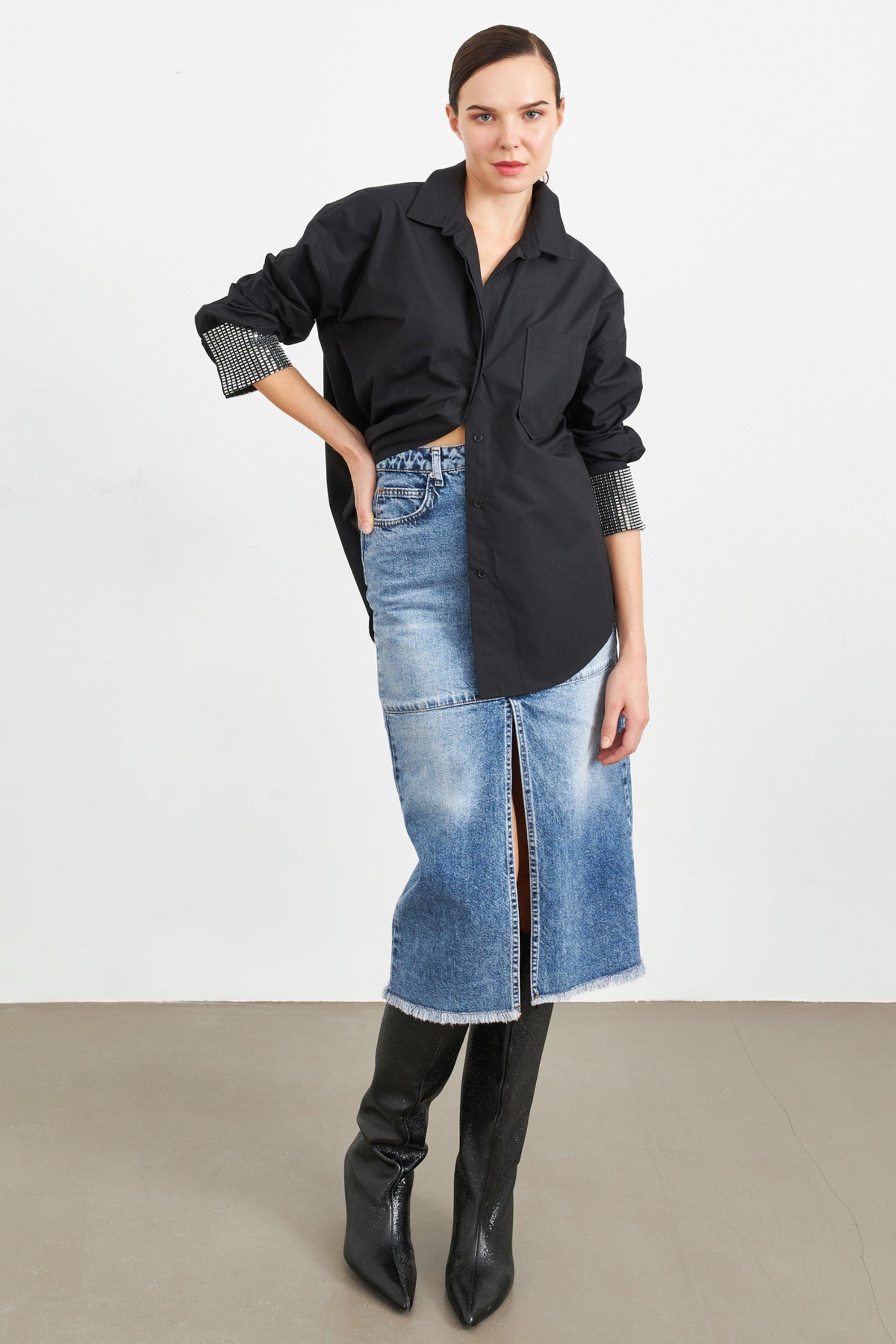 Siyah Taş Detaylı Uzun Kollu Gömlek Kadın Gömlek modelleri