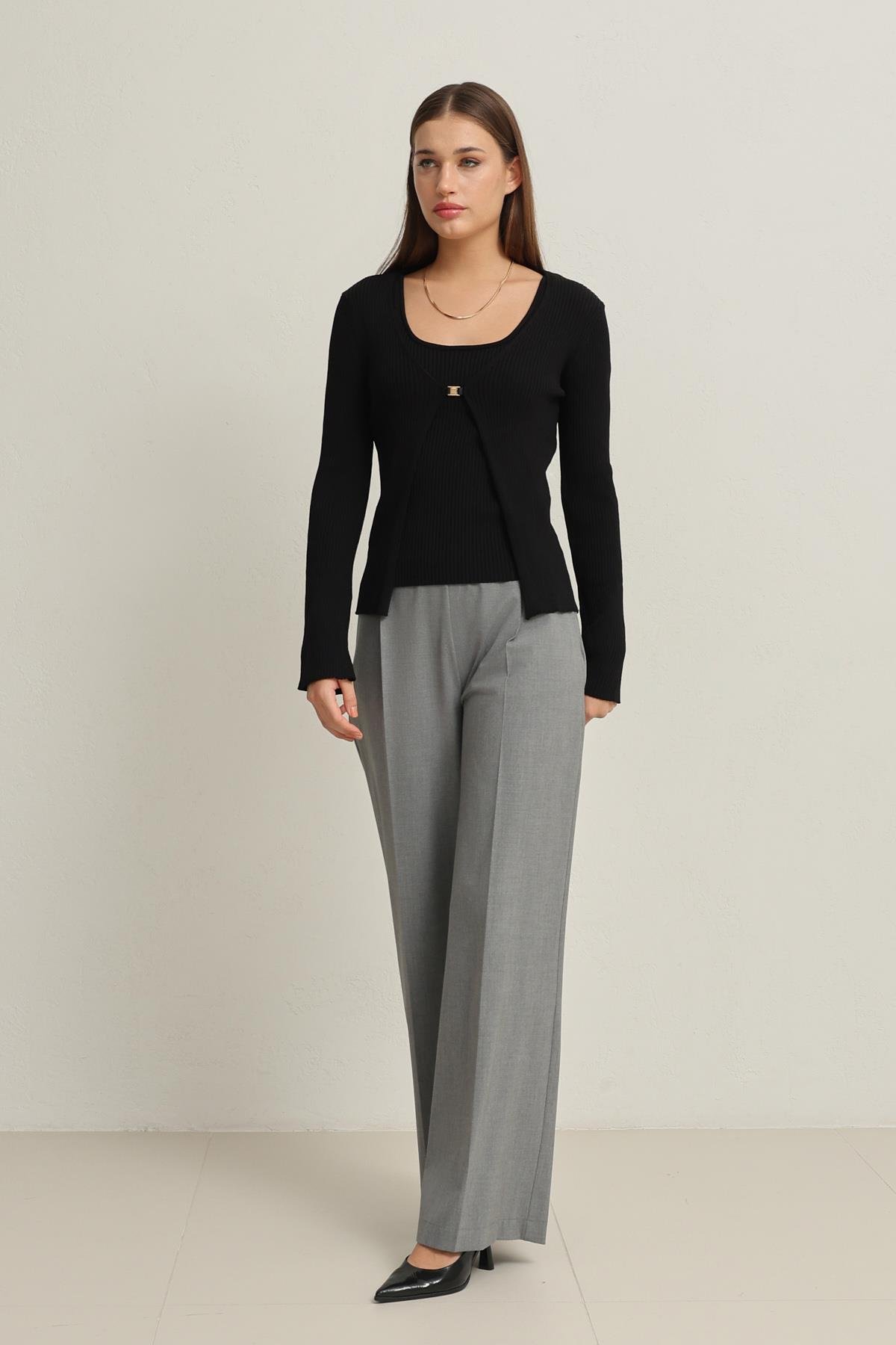 Siyah Tek Düğme Detaylı Hırka Ve Kalın Askılı Kolsuz Bluz Triko Takım Kadın İkili Takım modelleri