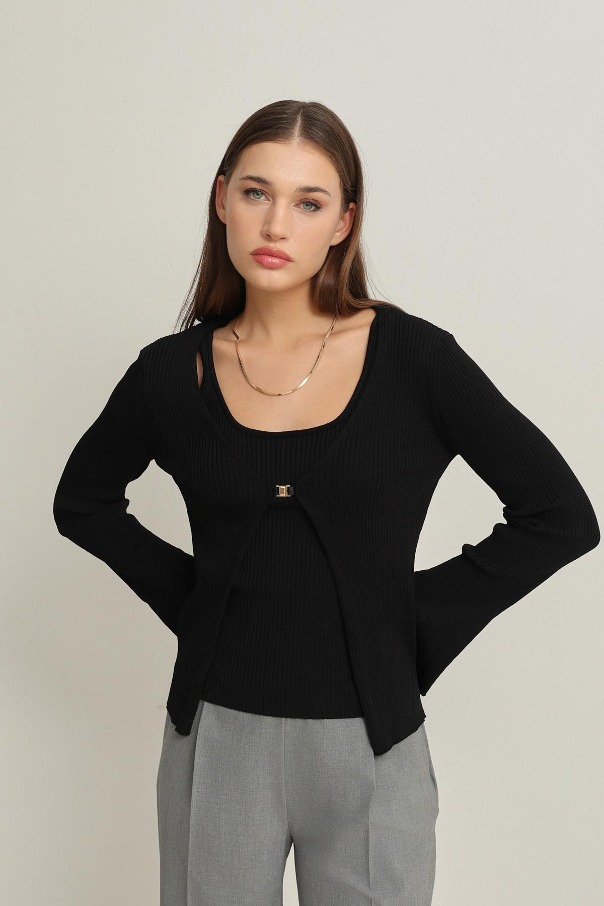 Siyah Tek Düğme Detaylı Hırka Ve Kalın Askılı Kolsuz Bluz Triko Takım Kadın İkili Takım modelleri