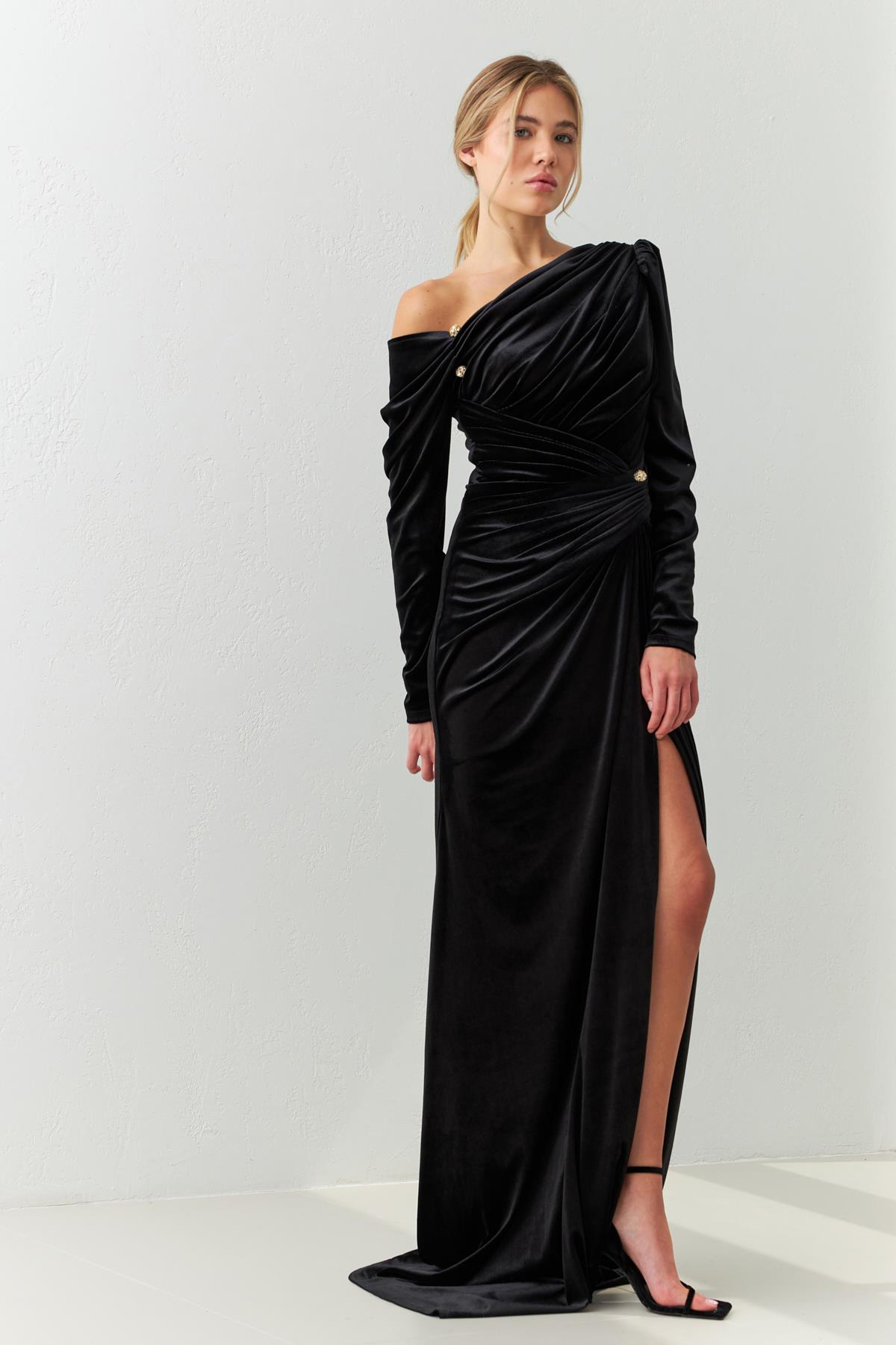 Siyah Tek Omuz Kadife Uzun Gece Elbisesi Kadın Kategorisiz modelleri