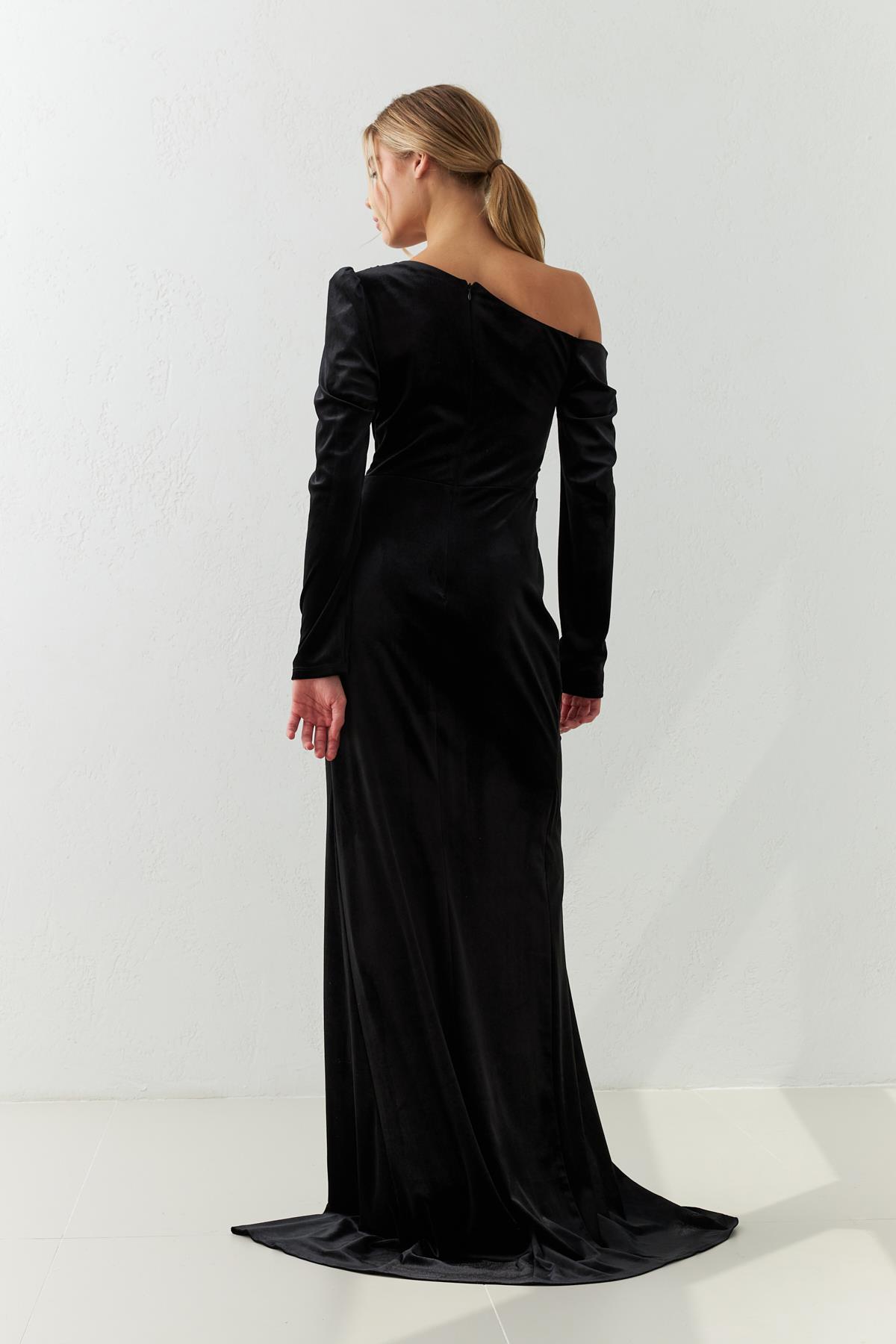 Siyah Tek Omuz Kadife Uzun Gece Elbisesi Kadın Kategorisiz modelleri