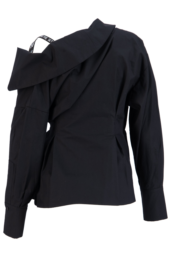 Siyah Tek Omuzu Açık Asimetrik Yapılı Belden Bağlama Detaylı Uzun Kollu Geniş Kesim Gömlek Kadın Gömlek modelleri