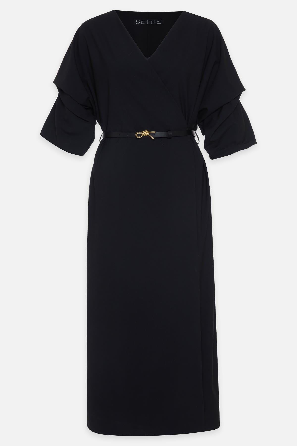 Siyah Yaka Ve Kol Detaylı Midi Boy Elbise Kadın Günlük Elbise modelleri