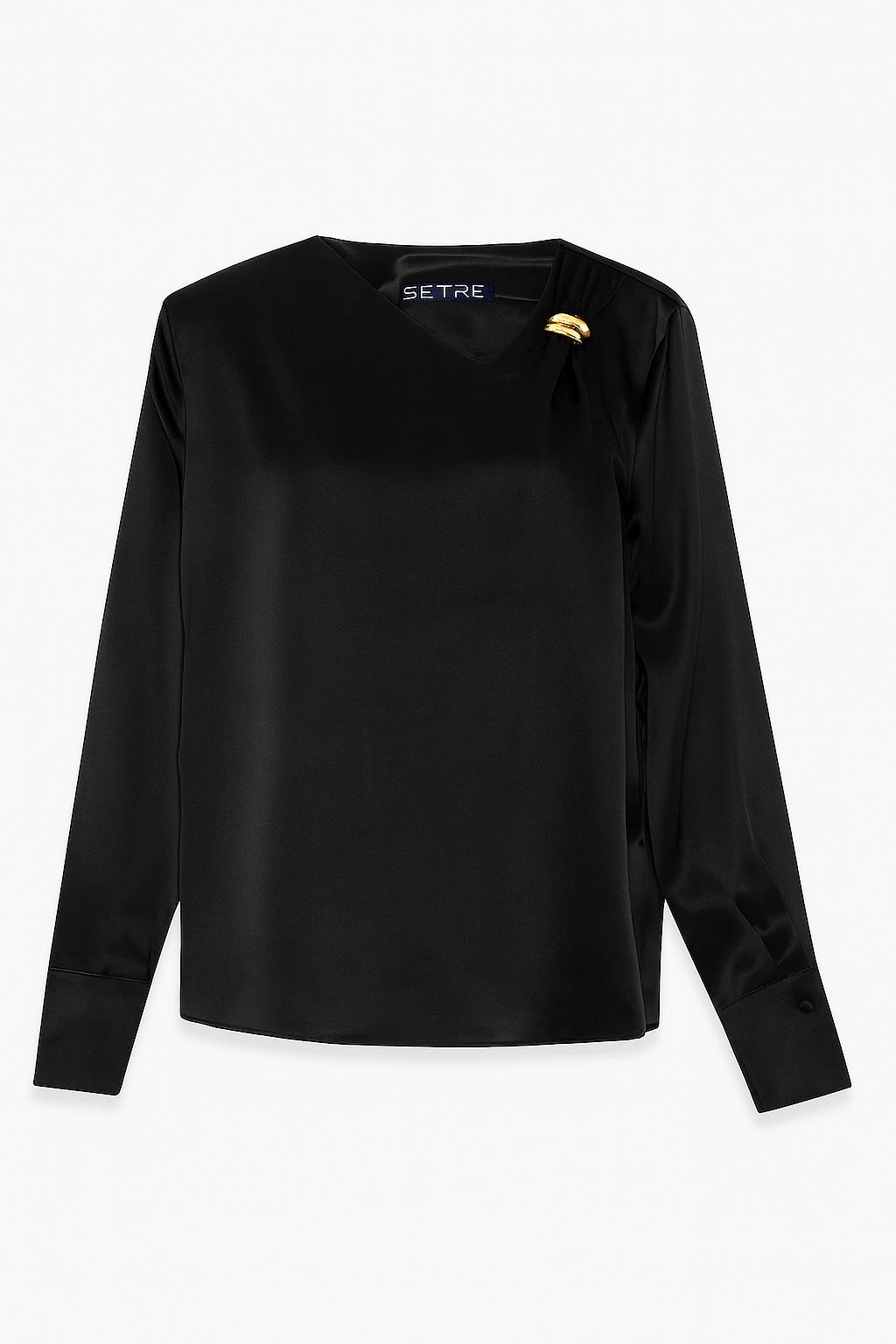 Siyah Yakada Aksesuar Detaylı Uzun Kollu Rahat Kesim Bluz Kadın Bluz modelleri