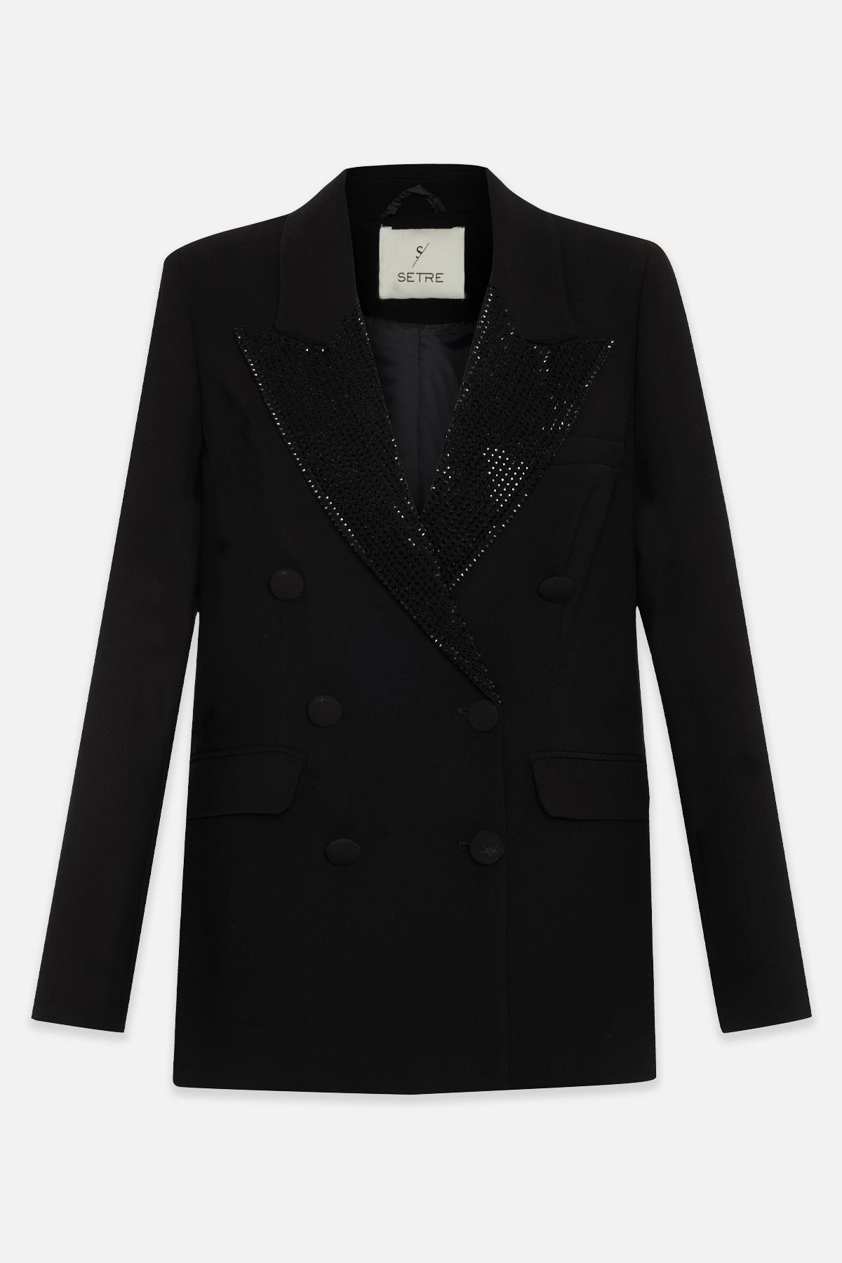 Siyah Yakada Taş Ve Düğme Detaylı Ceket Kadın Ceket modelleri