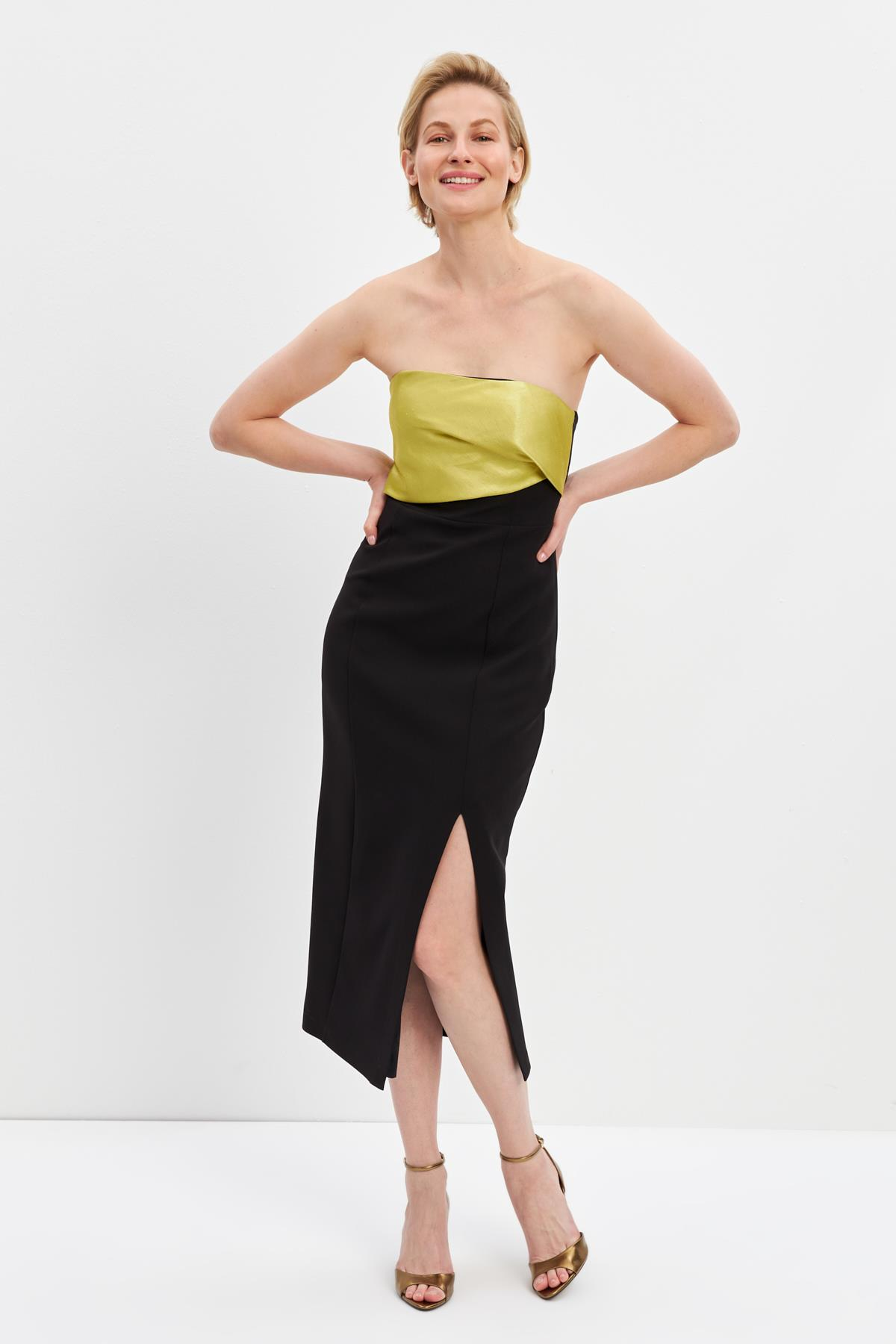 Siyah-Yeşil Straplez Yırtmaç Detaylı Midi Boy Elbise Kadın Evening Dress modelleri