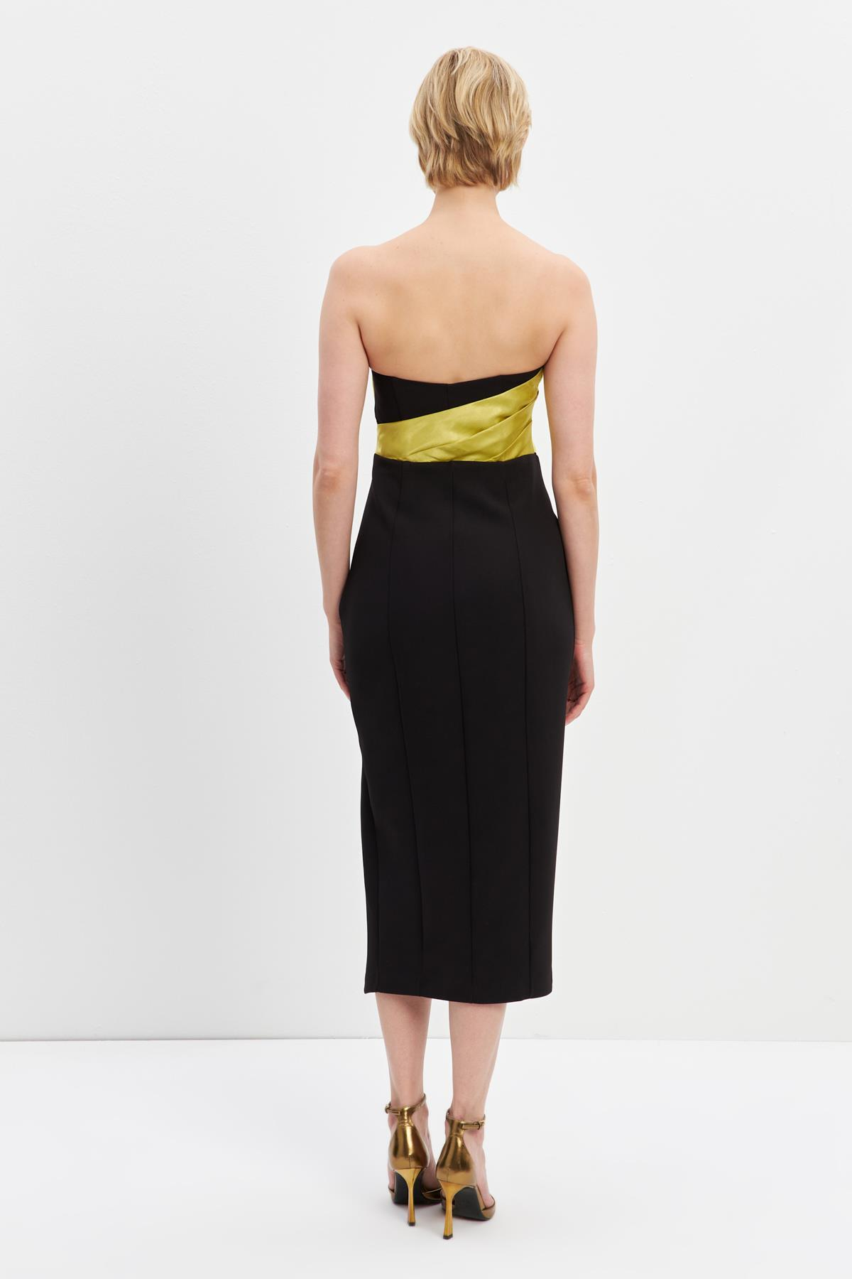 Siyah-Yeşil Straplez Yırtmaç Detaylı Midi Boy Elbise Kadın Evening Dress modelleri