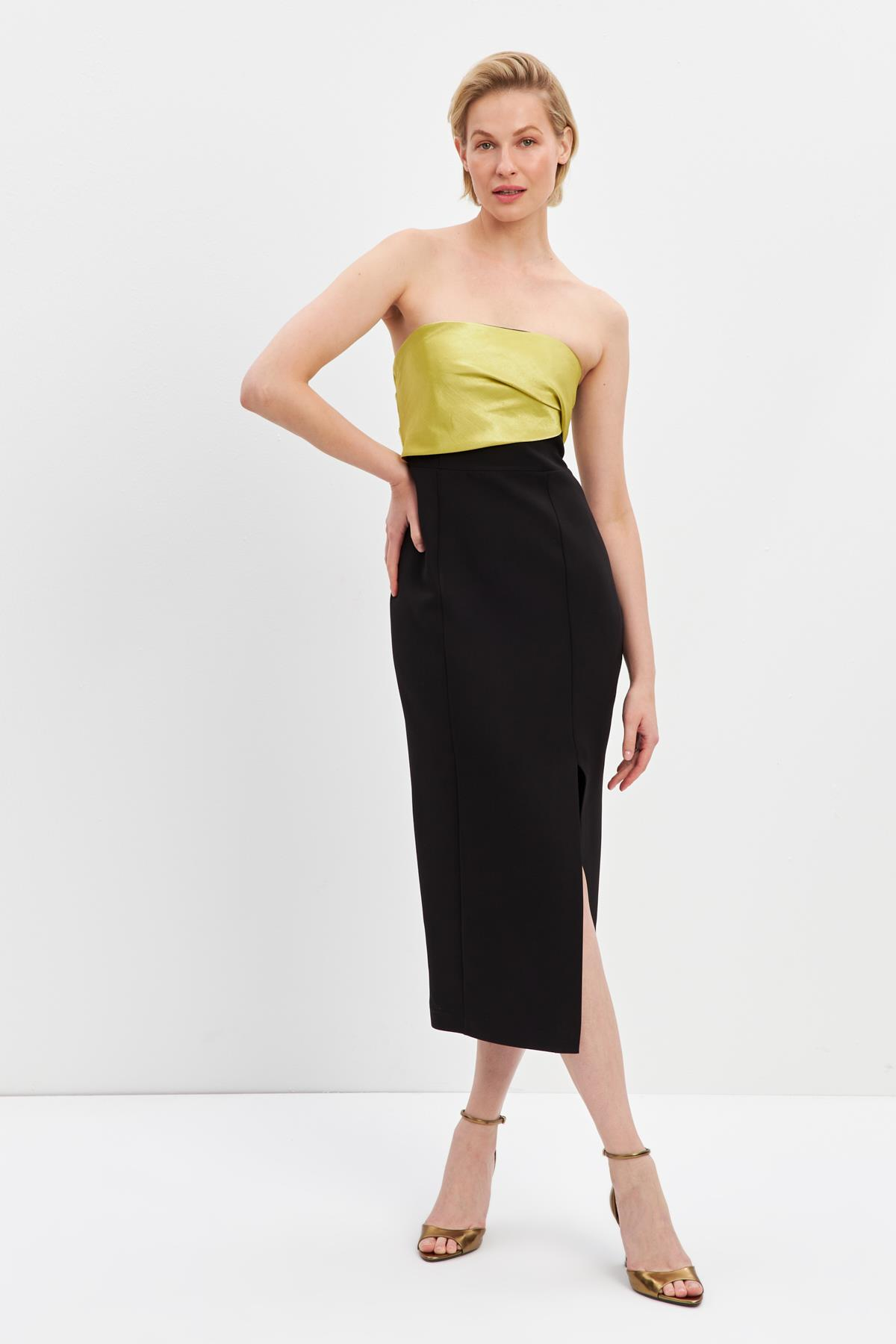 Siyah-Yeşil Straplez Yırtmaç Detaylı Midi Boy Elbise Kadın Evening Dress modelleri