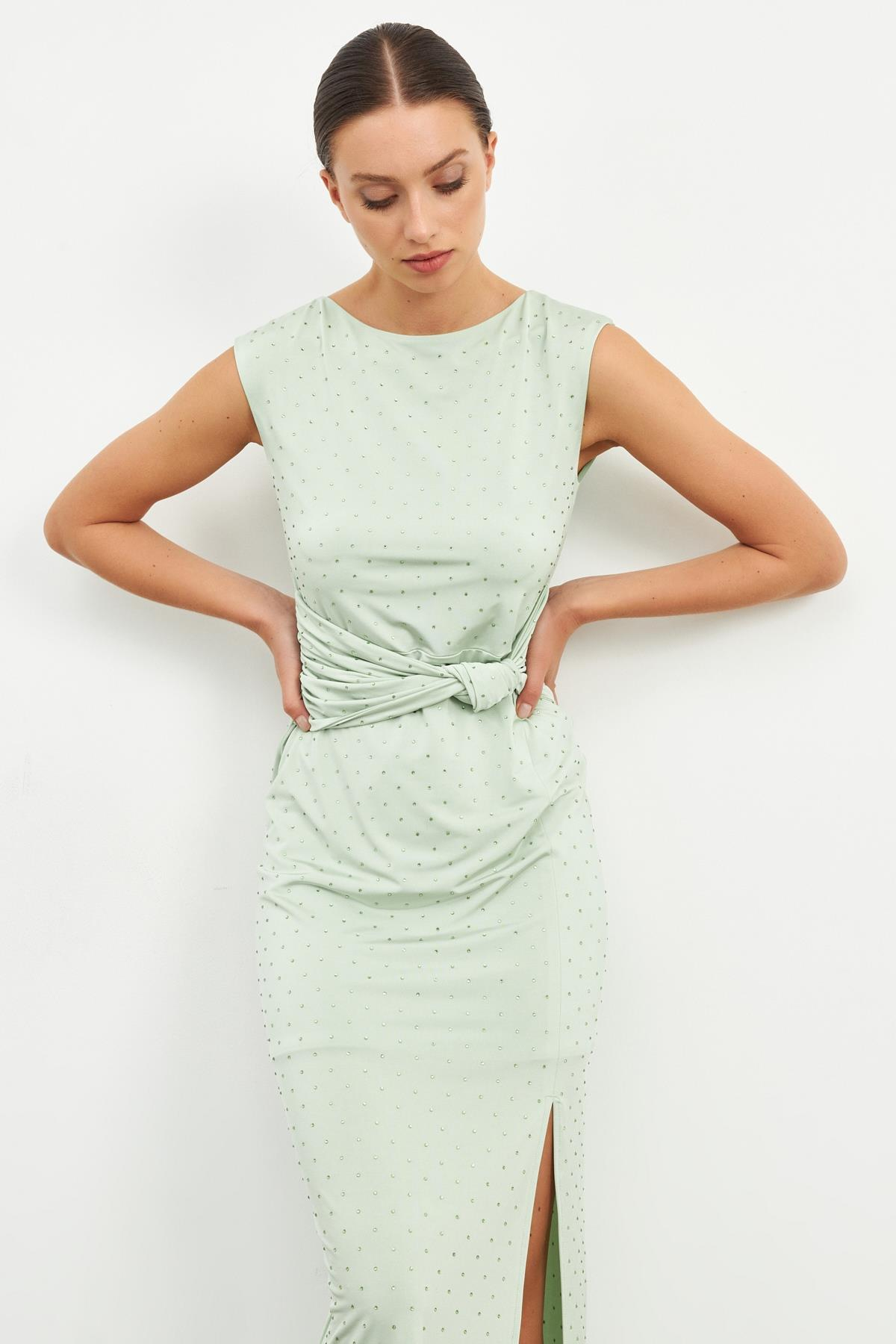 Su Yeşili Bel Detaylı Yırtmaçlı Desenli Elbise Kadın Günlük Elbise modelleri