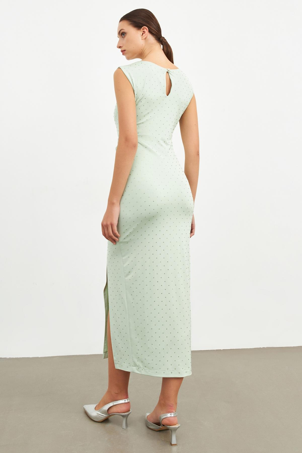 Su Yeşili Bel Detaylı Yırtmaçlı Desenli Elbise Kadın Günlük Elbise modelleri