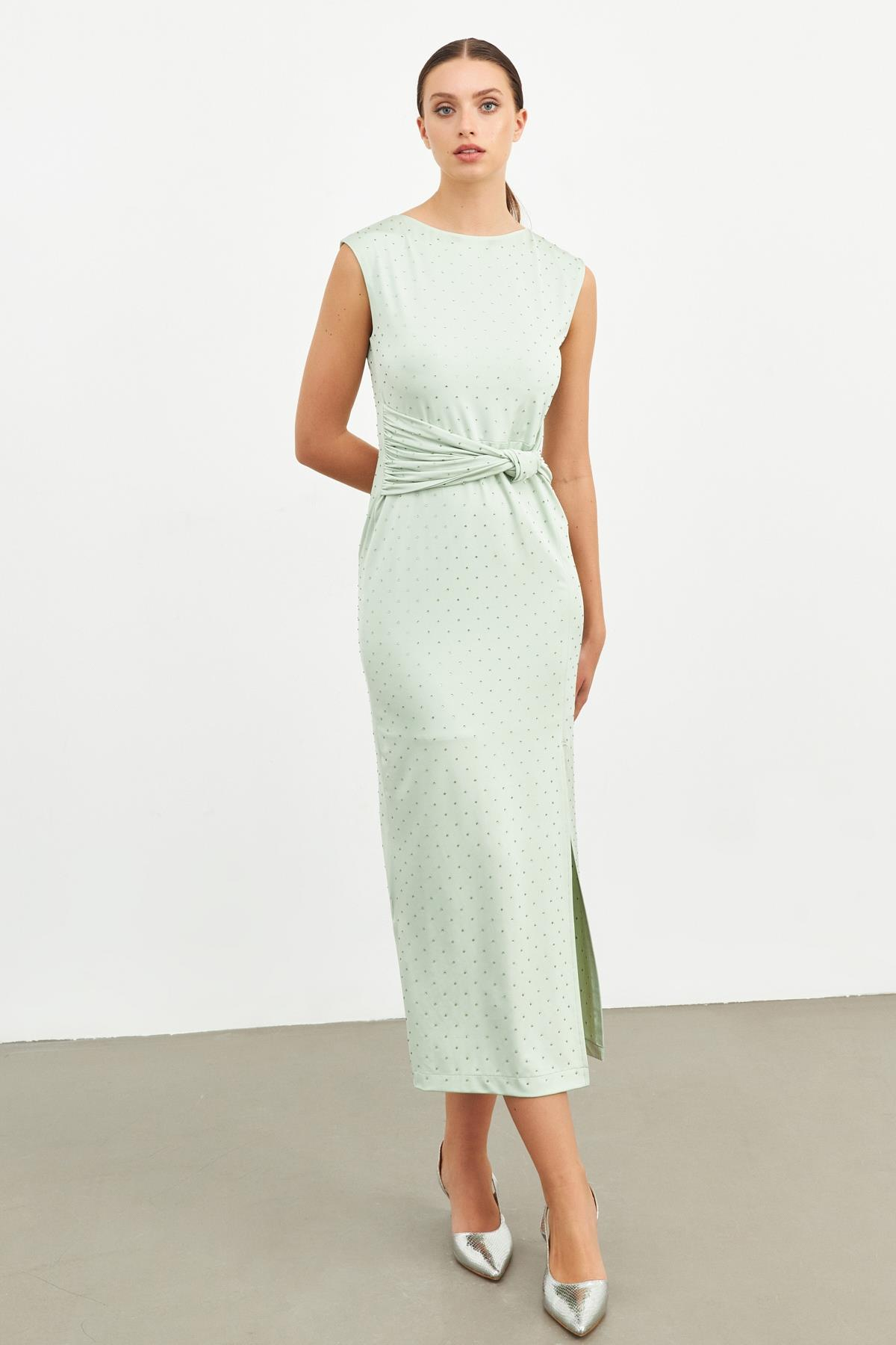 Su Yeşili Bel Detaylı Yırtmaçlı Desenli Elbise Kadın Günlük Elbise modelleri