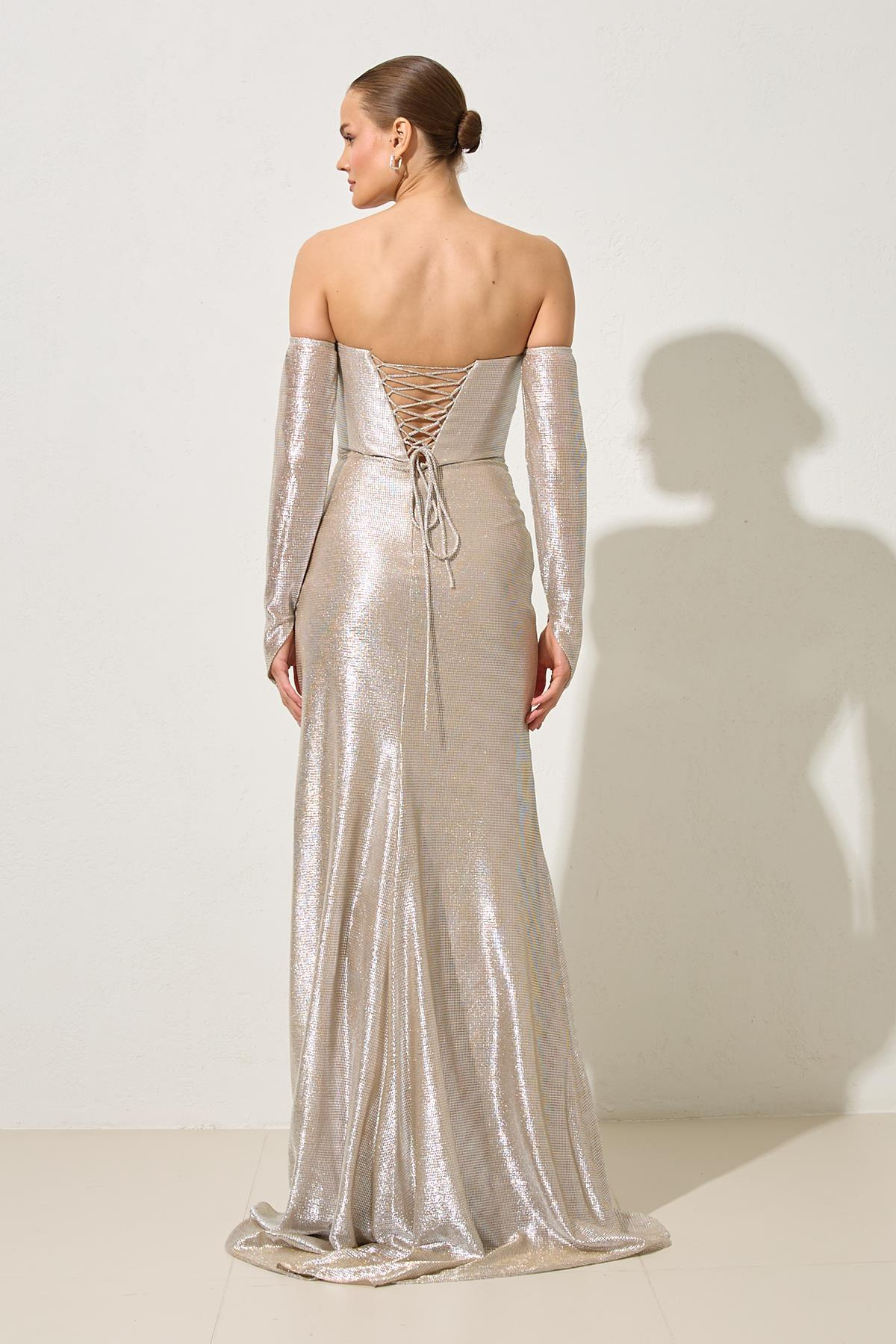 Taş Omuz Ve Yakada Drape Ve Bel Detaylı Uzun Abiye Elbise Kadın Abiye Elbise modelleri