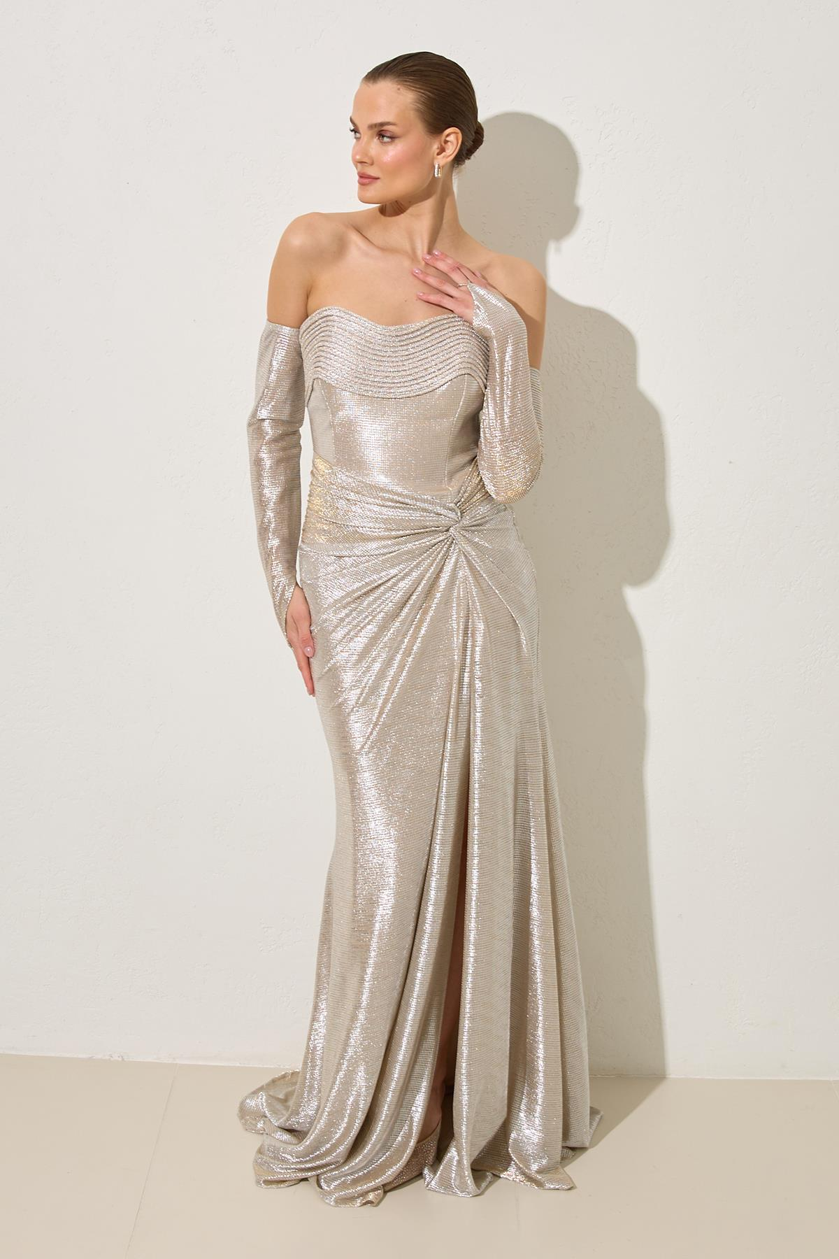 Taş Omuz Ve Yakada Drape Ve Bel Detaylı Uzun Abiye Elbise Kadın Abiye Elbise modelleri