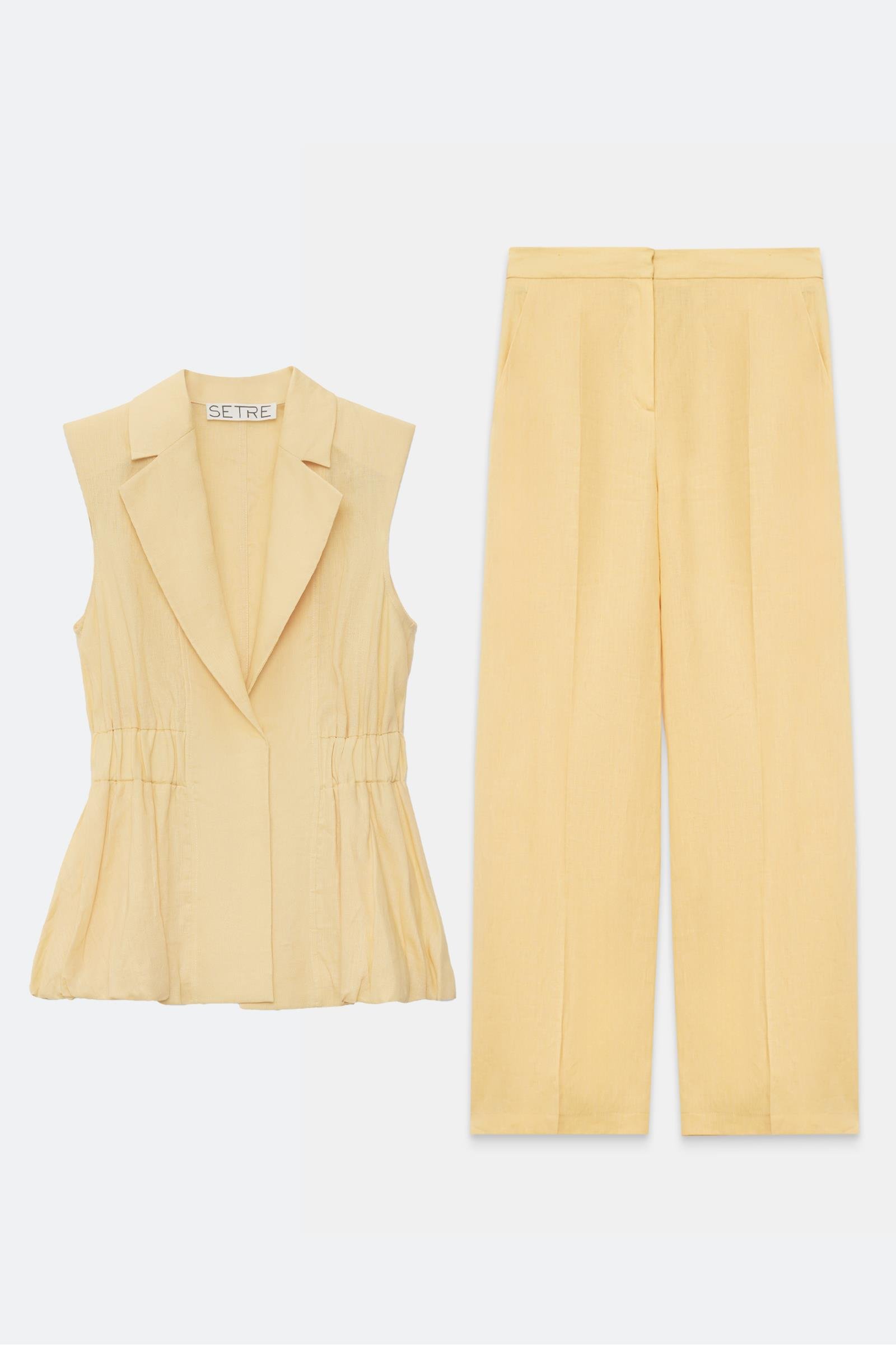 Tereyağ Sarısı Bel Ve Yaka Detaylı Yelek Rahat Kesim Pantolonlu Takım Kadın Takım Elbise modelleri