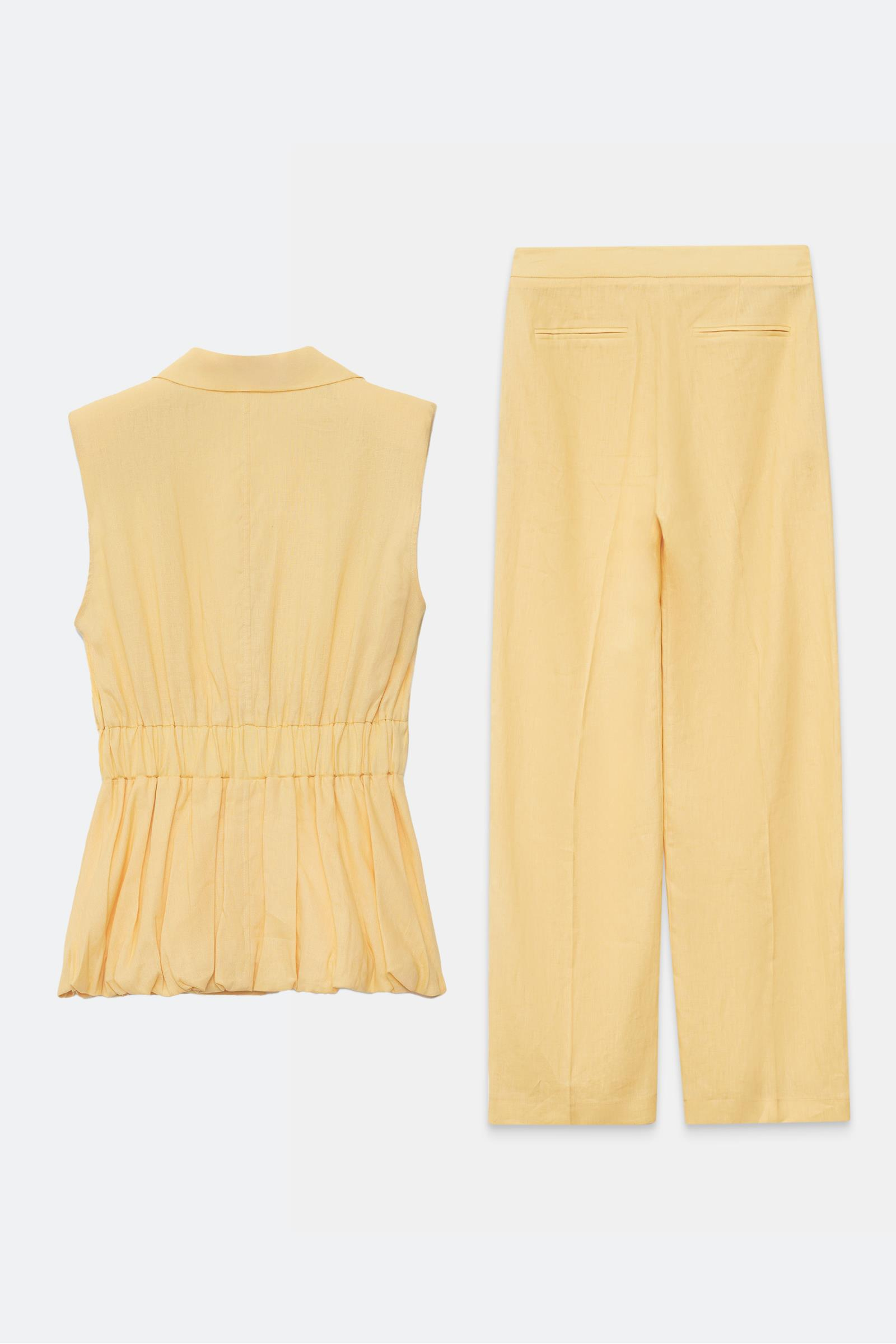 Tereyağ Sarısı Bel Ve Yaka Detaylı Yelek Rahat Kesim Pantolonlu Takım Kadın Takım Elbise modelleri