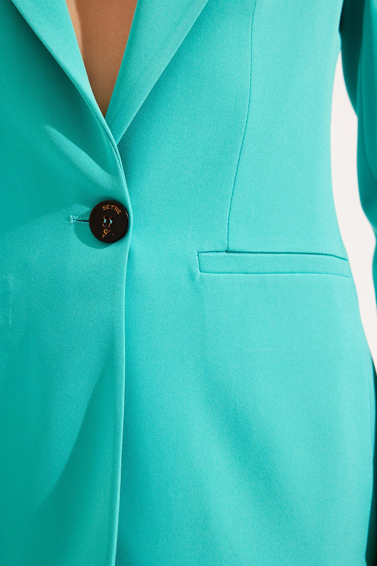 Turkuaz Ceket Yaka  Düğme Kapamalı  Uzun Kollu Ceket Tam Bel  Boru Paça Pantolon Kadın Takım Elbise modelleri