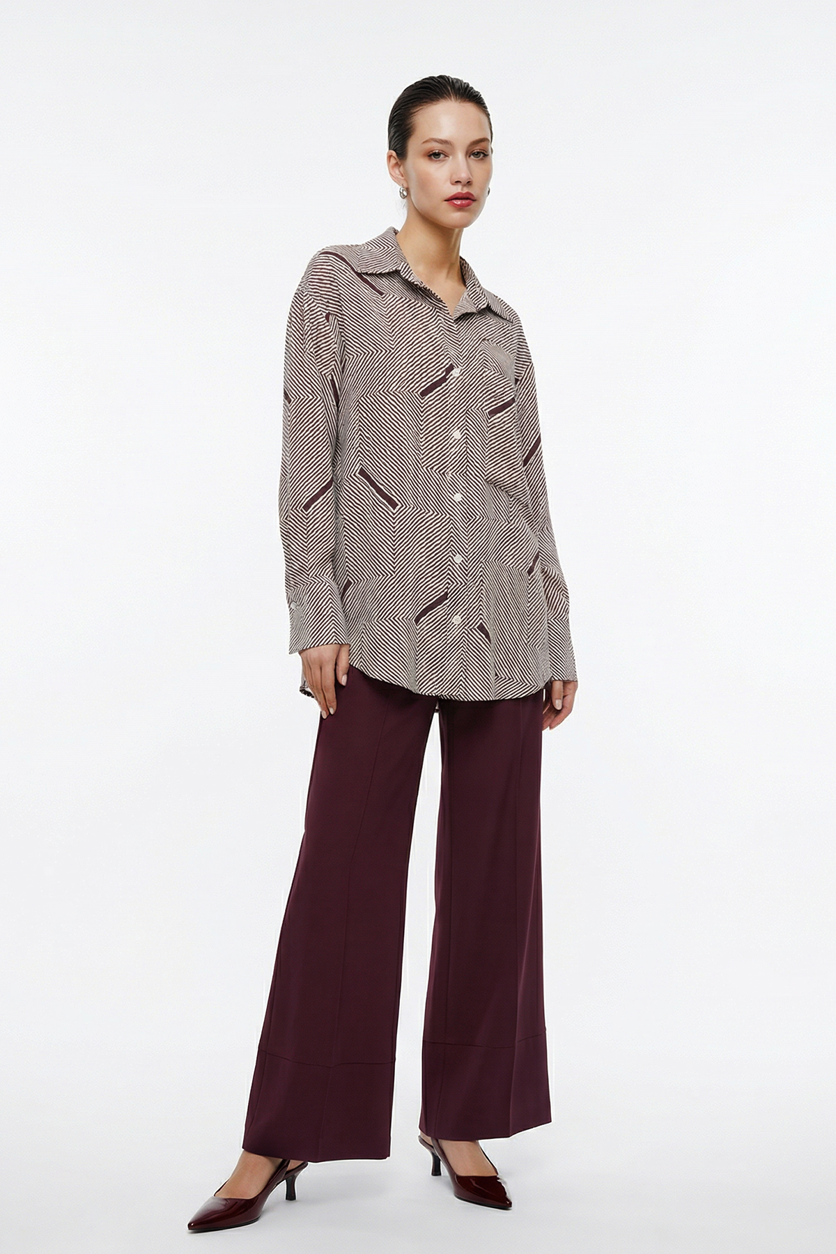 Vişne Uzun Kollu Desenli Gömlek Kadın Gömlek modelleri