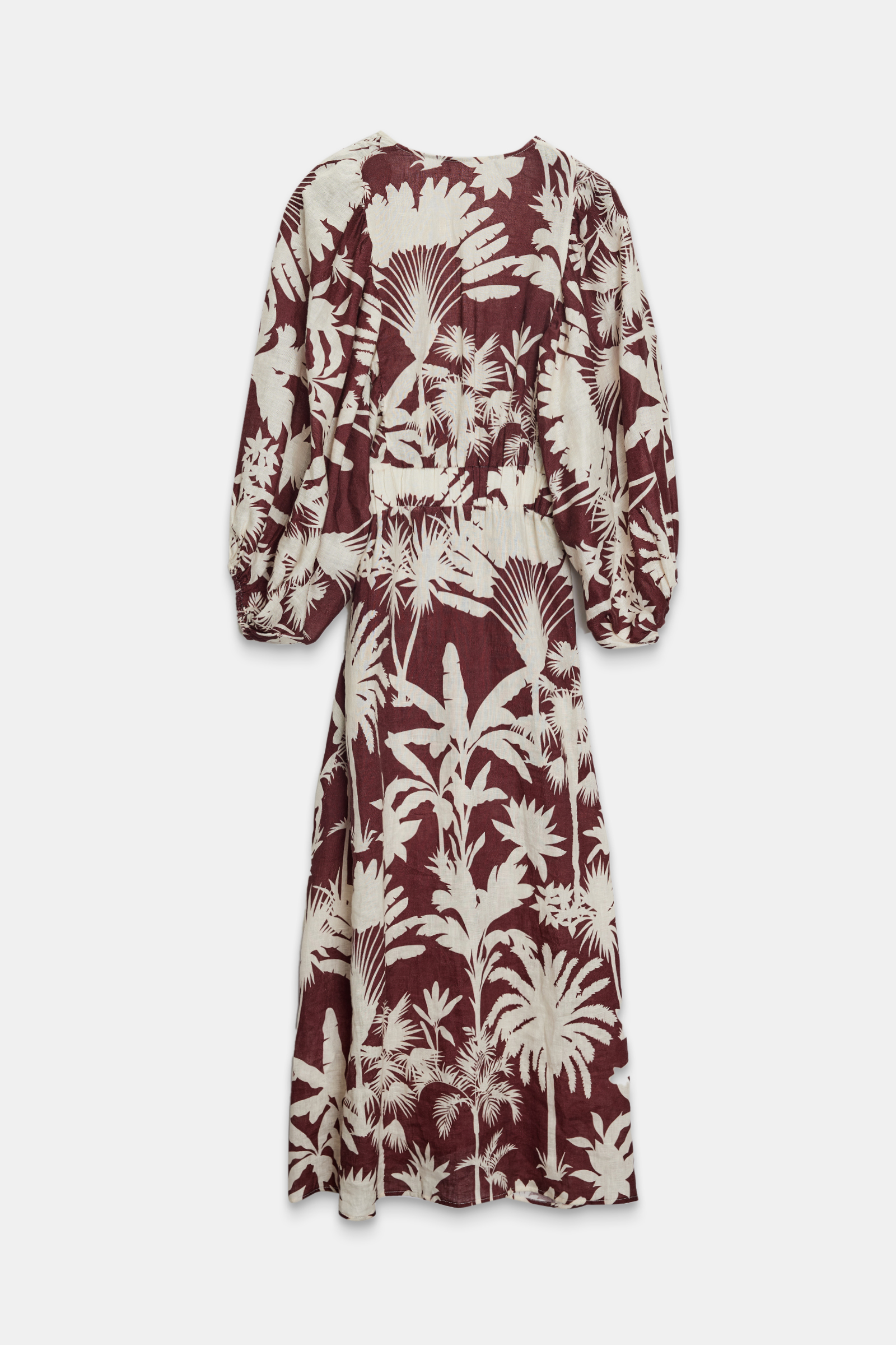 Vişne Yaka Ve Kol Detaylı Belden Oturtmalı Midi Boy Desenli Keten Elbise Kadın Günlük Elbise modelleri