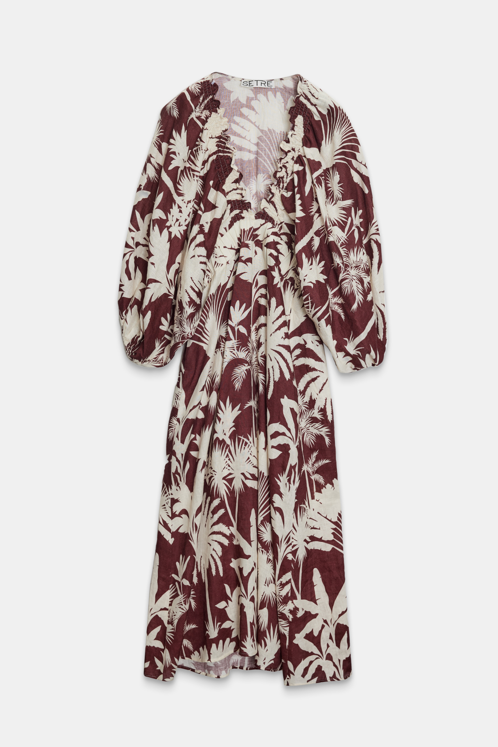 Vişne Yaka Ve Kol Detaylı Belden Oturtmalı Midi Boy Desenli Keten Elbise Kadın Günlük Elbise modelleri