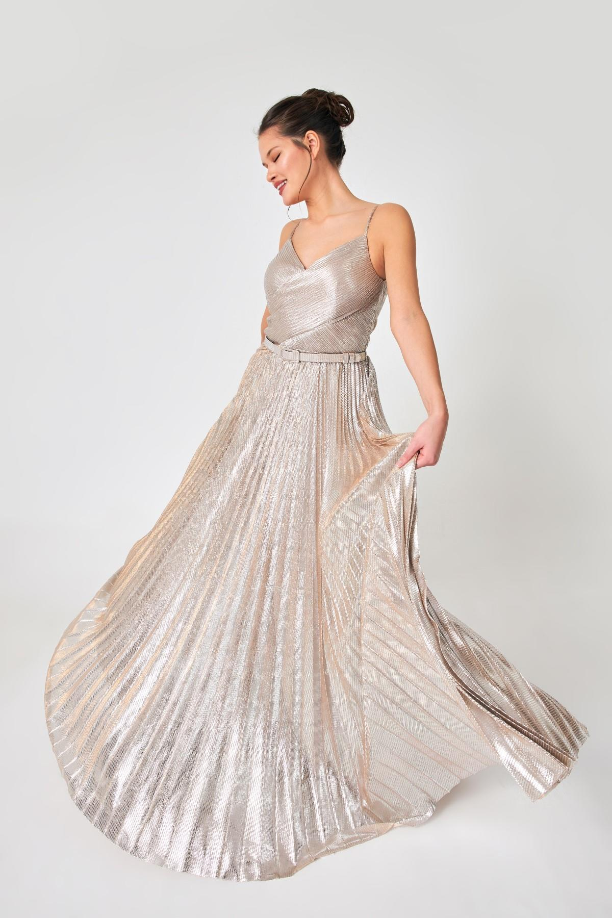 Vizon Gümüş Kemer Ve Pile Detayı V Yaka Abiye Kadın Kategorisiz modelleri