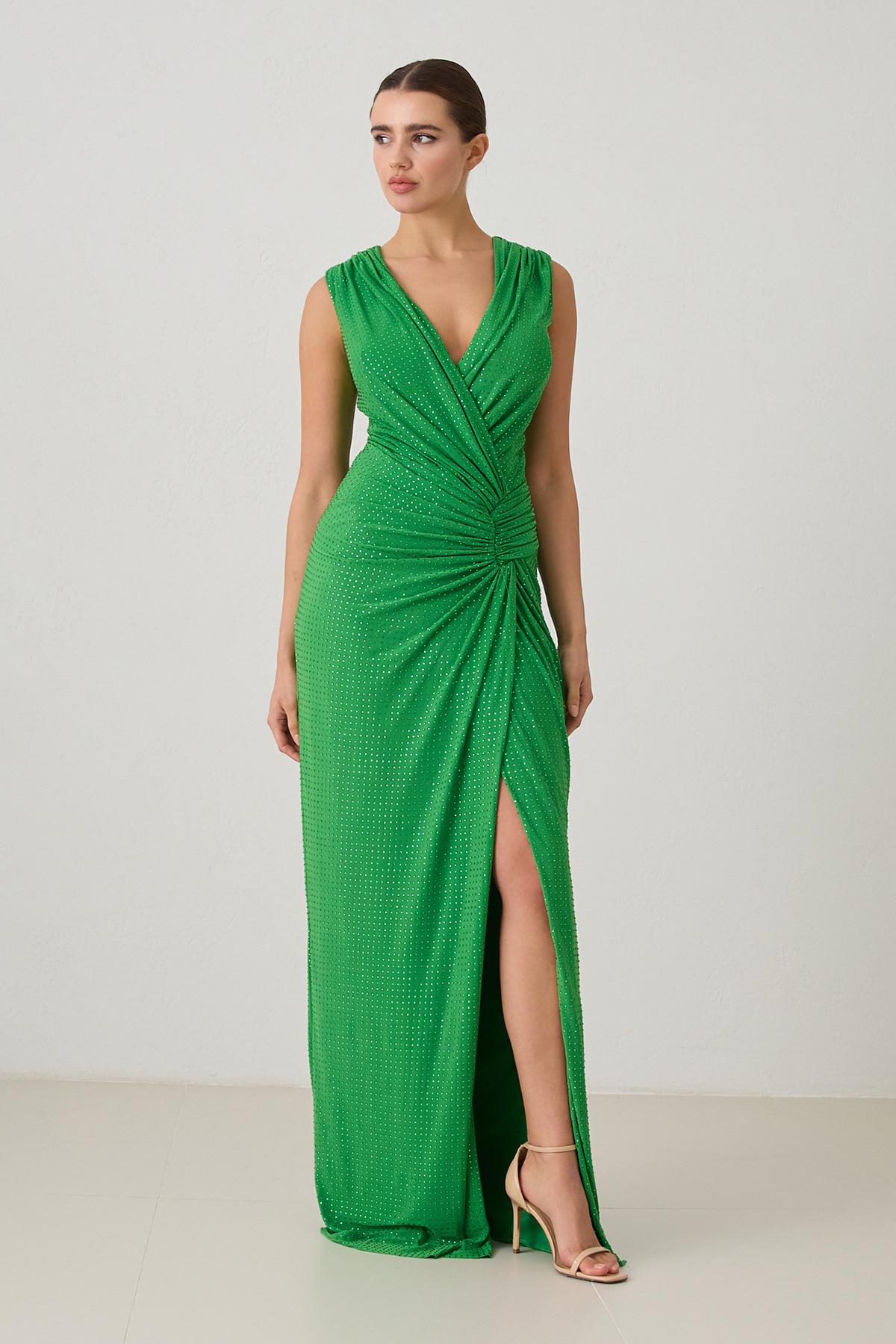 Yeşil Bel Detaylı Asimetrik Yaka Kolsuz Uzun Boy Abiye Elbise Kadın Abiye Elbise modelleri