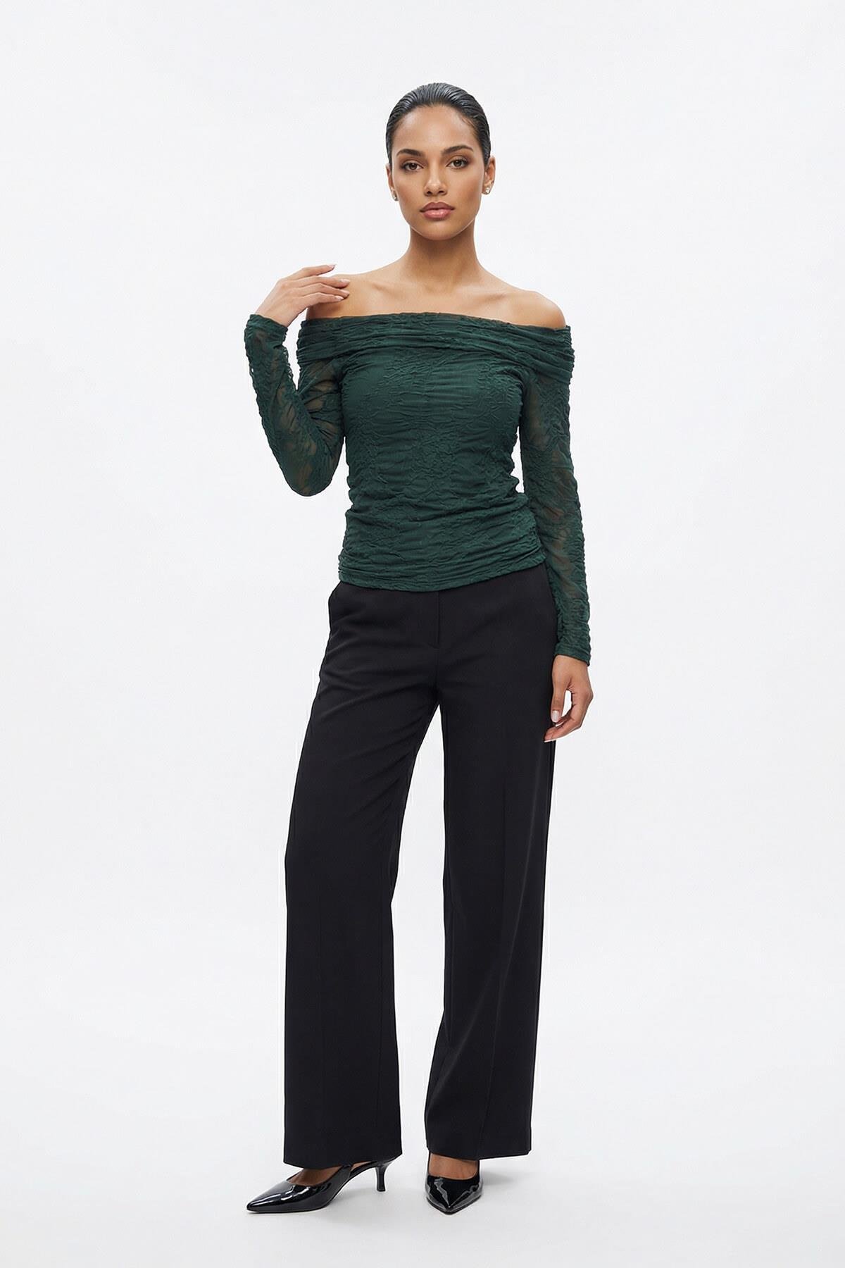 Yeşil Omuzdan Detaylı Desenli Uzun Kollu Bluz Kadın Bluz modelleri