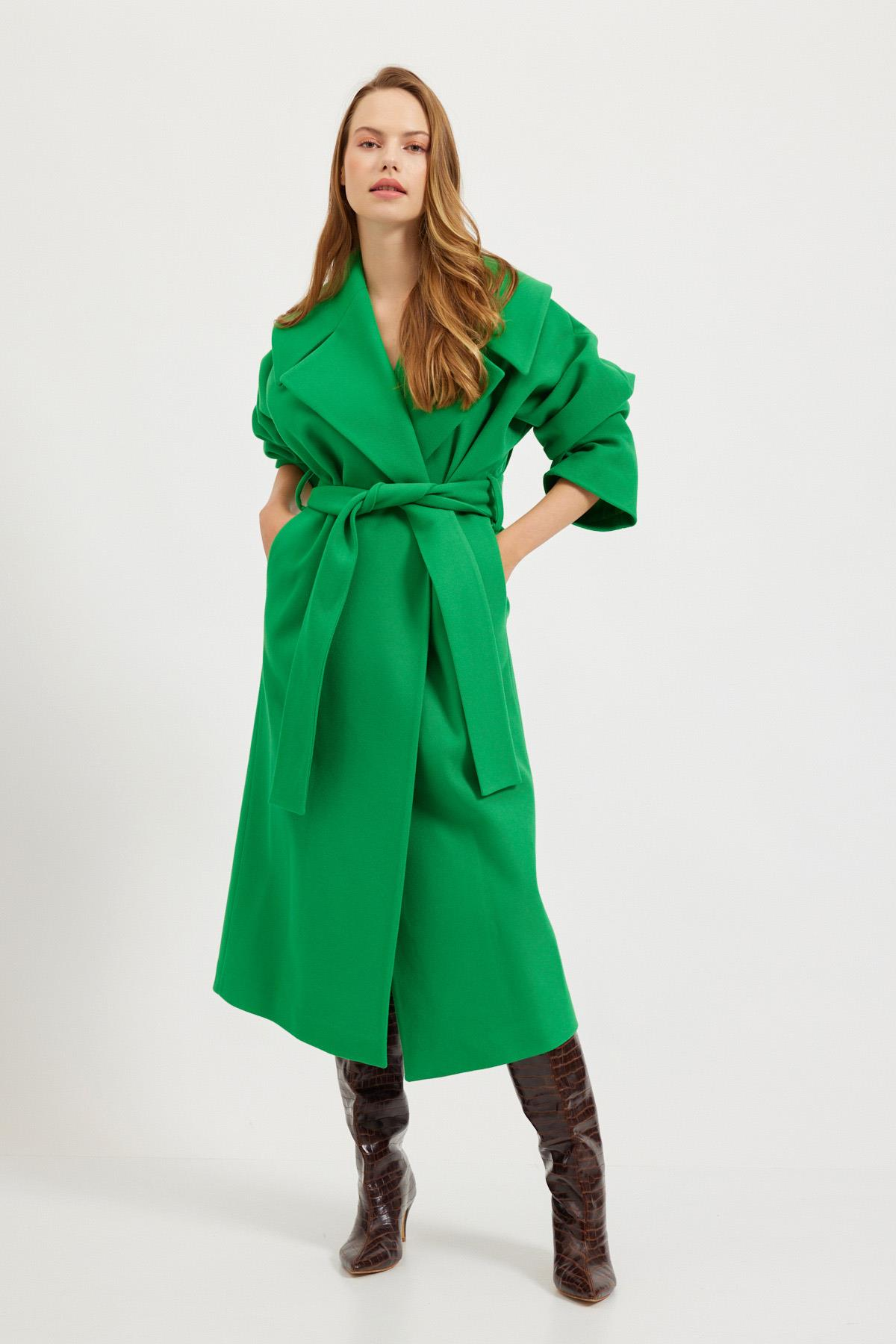Yeşil Oversize Bağlamalı Kaşe Kaban Kadın Kaban modelleri