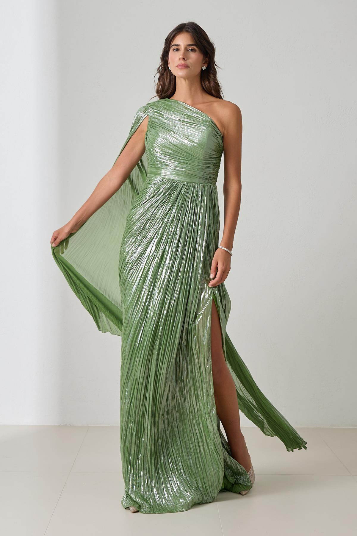 Yeşil Tek Omuz Drape Detaylı Tam Kalıp Uzun Abiye Elbise Kadın Abiye Elbise modelleri