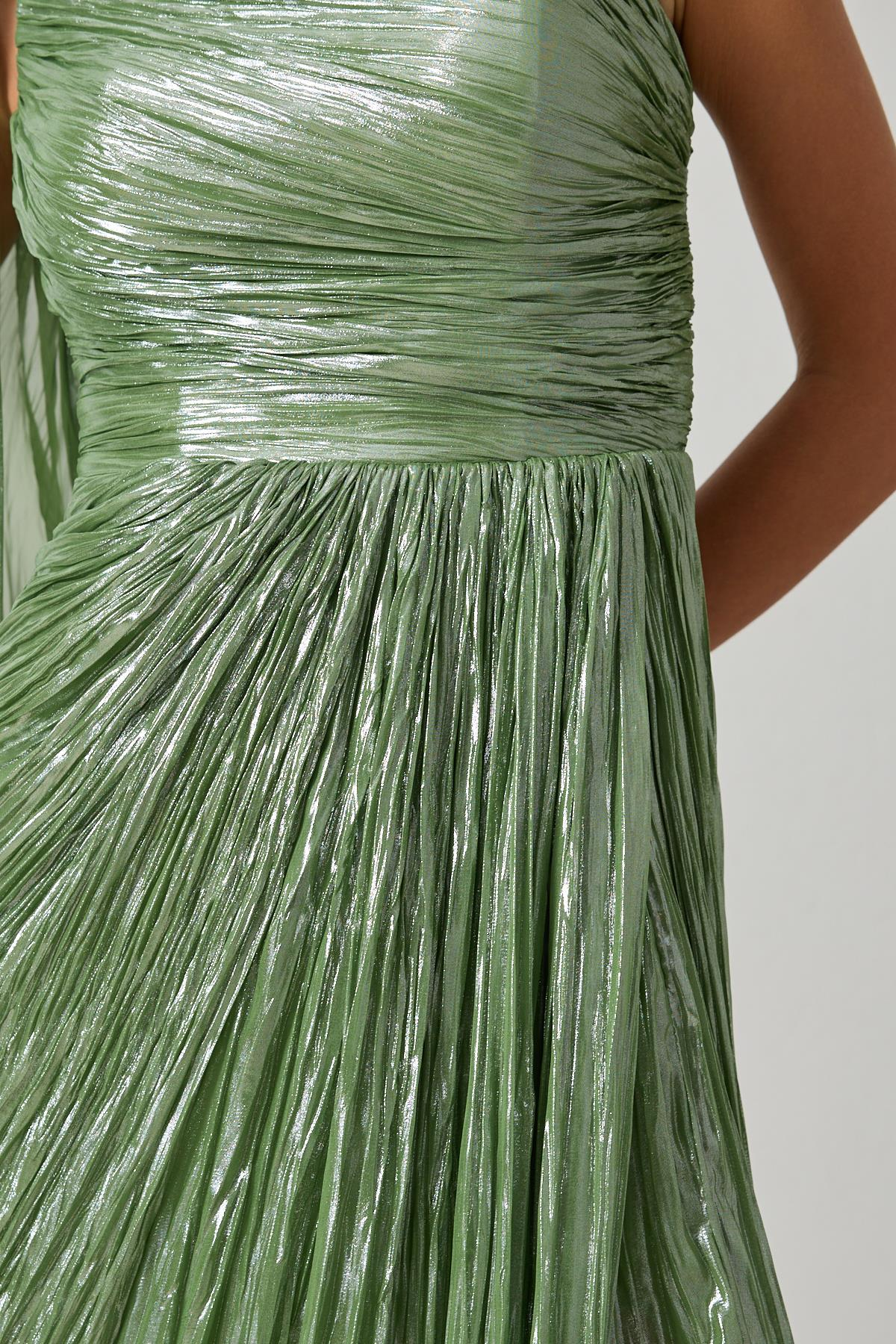 Yeşil Tek Omuz Drape Detaylı Tam Kalıp Uzun Abiye Elbise Kadın Abiye Elbise modelleri