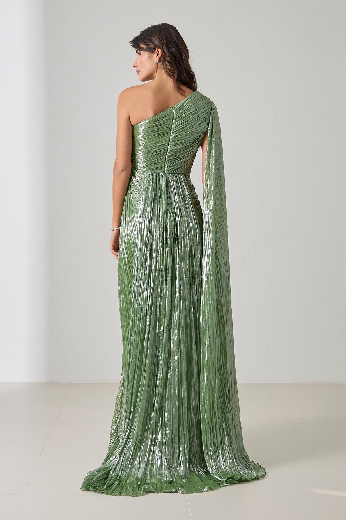 Yeşil Tek Omuz Drape Detaylı Tam Kalıp Uzun Abiye Elbise Kadın Abiye Elbise modelleri