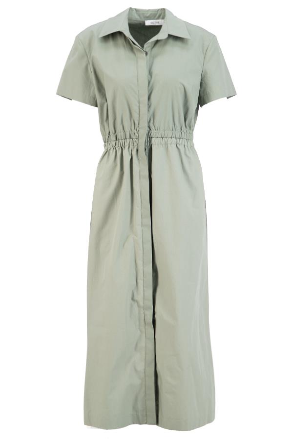 Zeytin Gömlek Yaka Belden Büzgü Detaylı Kısa Kollu Elbise Kadın Günlük Elbise modelleri