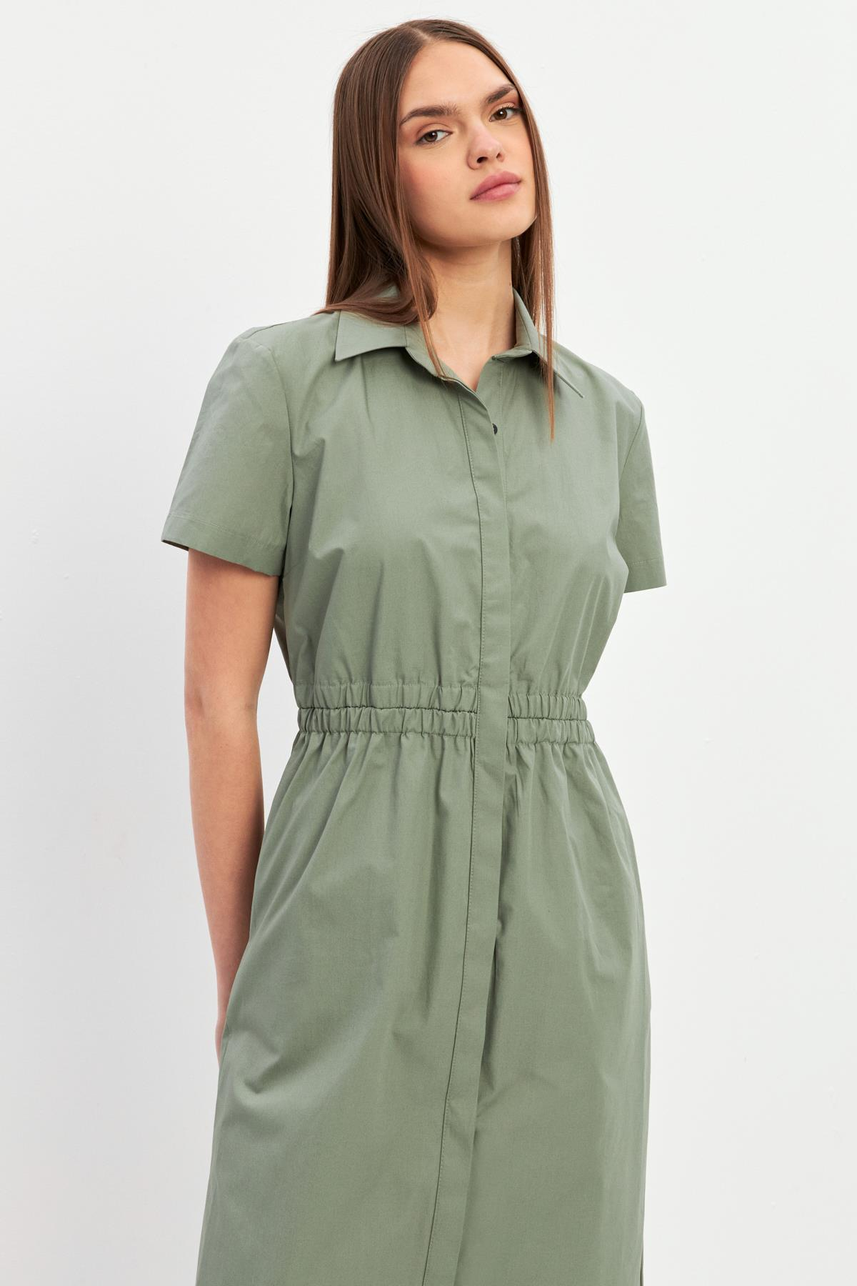 Zeytin Gömlek Yaka Belden Büzgü Detaylı Kısa Kollu Elbise Kadın Günlük Elbise modelleri