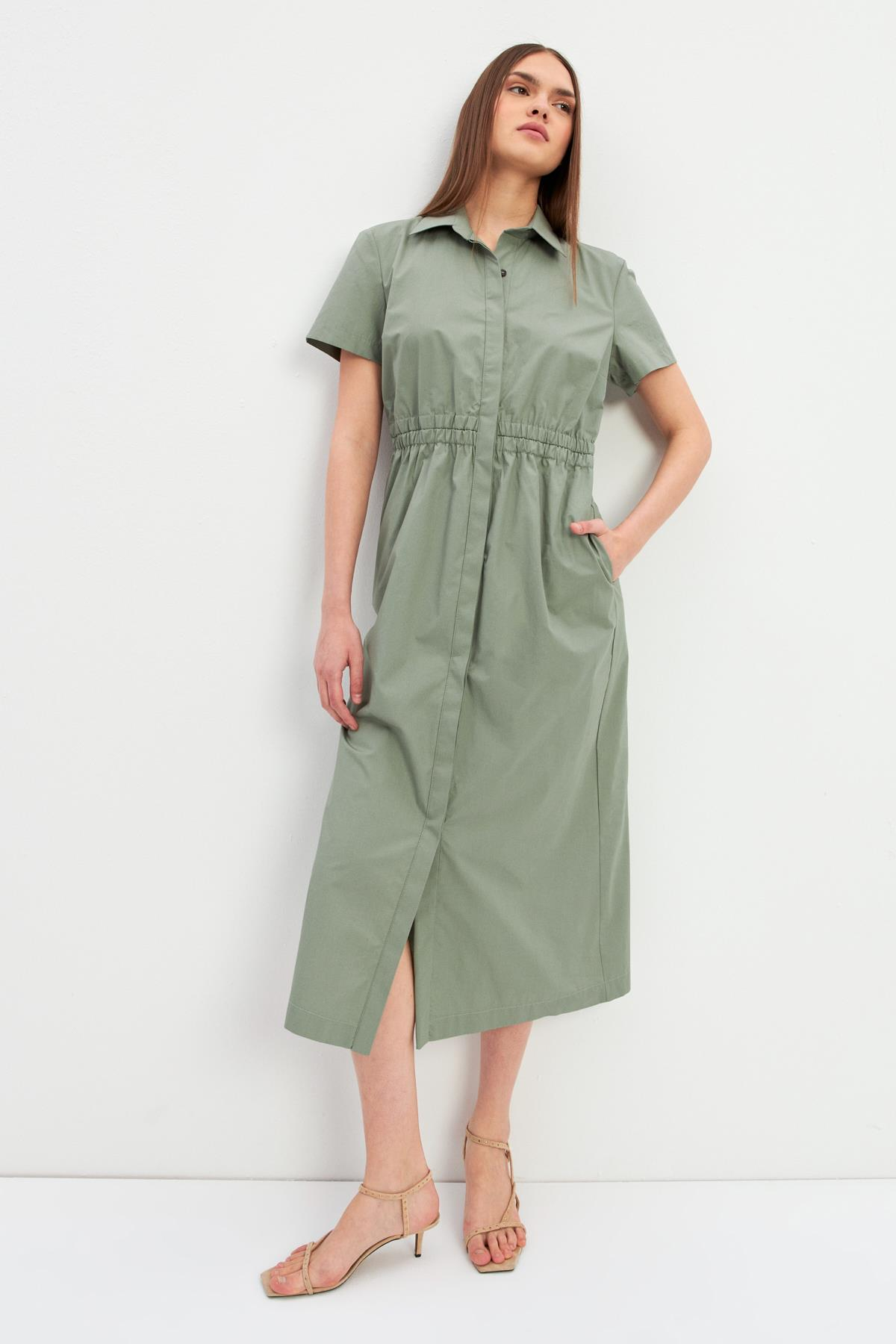 Zeytin Gömlek Yaka Belden Büzgü Detaylı Kısa Kollu Elbise Kadın Günlük Elbise modelleri