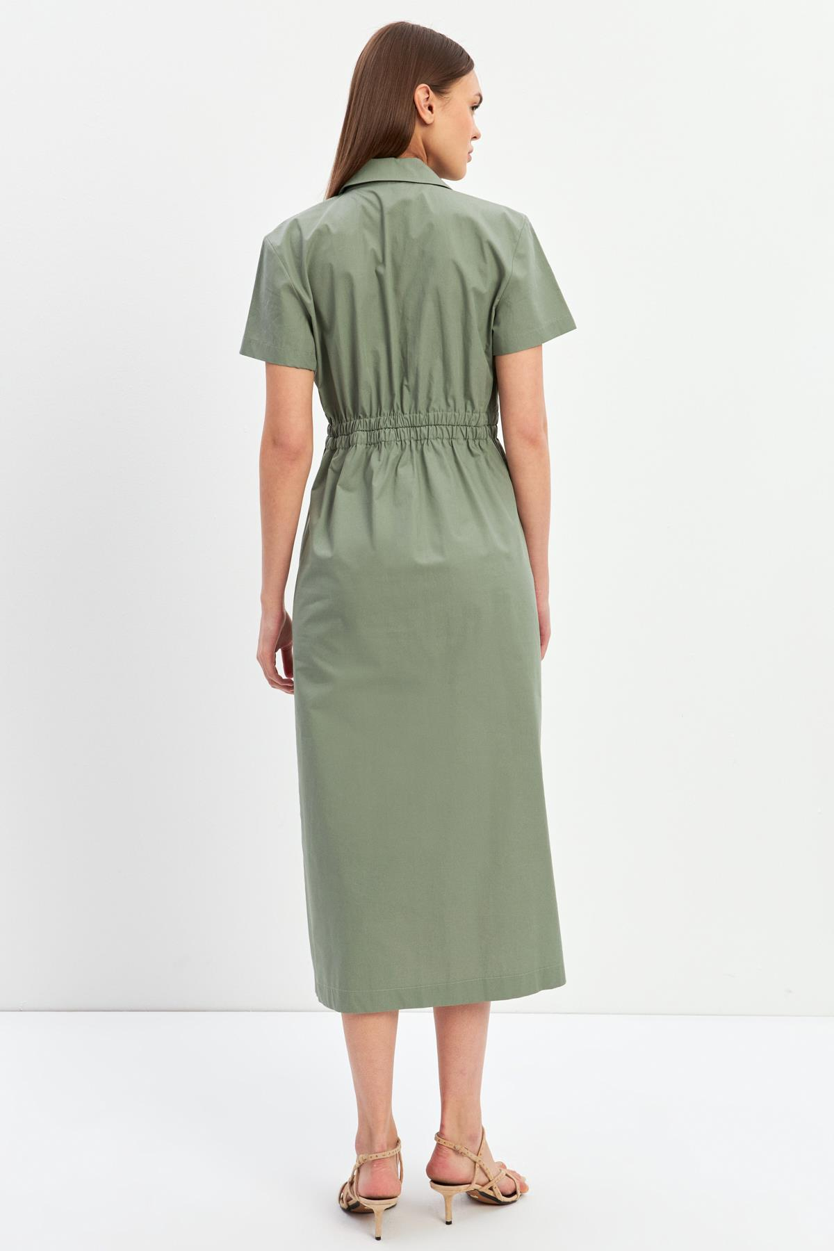 Zeytin Gömlek Yaka Belden Büzgü Detaylı Kısa Kollu Elbise Kadın Günlük Elbise modelleri