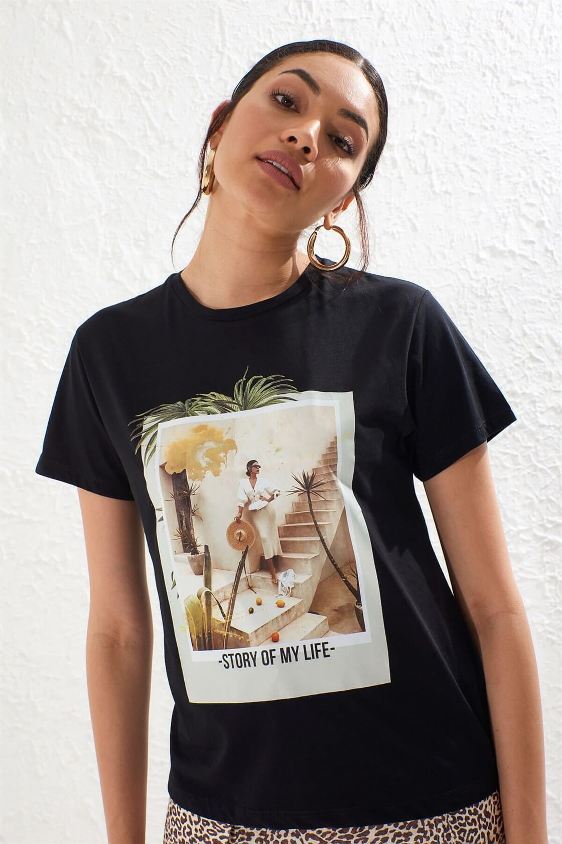 Siyah Bisiklet Yaka Kısa Kol Baskılı T-ShirtST050S7115102