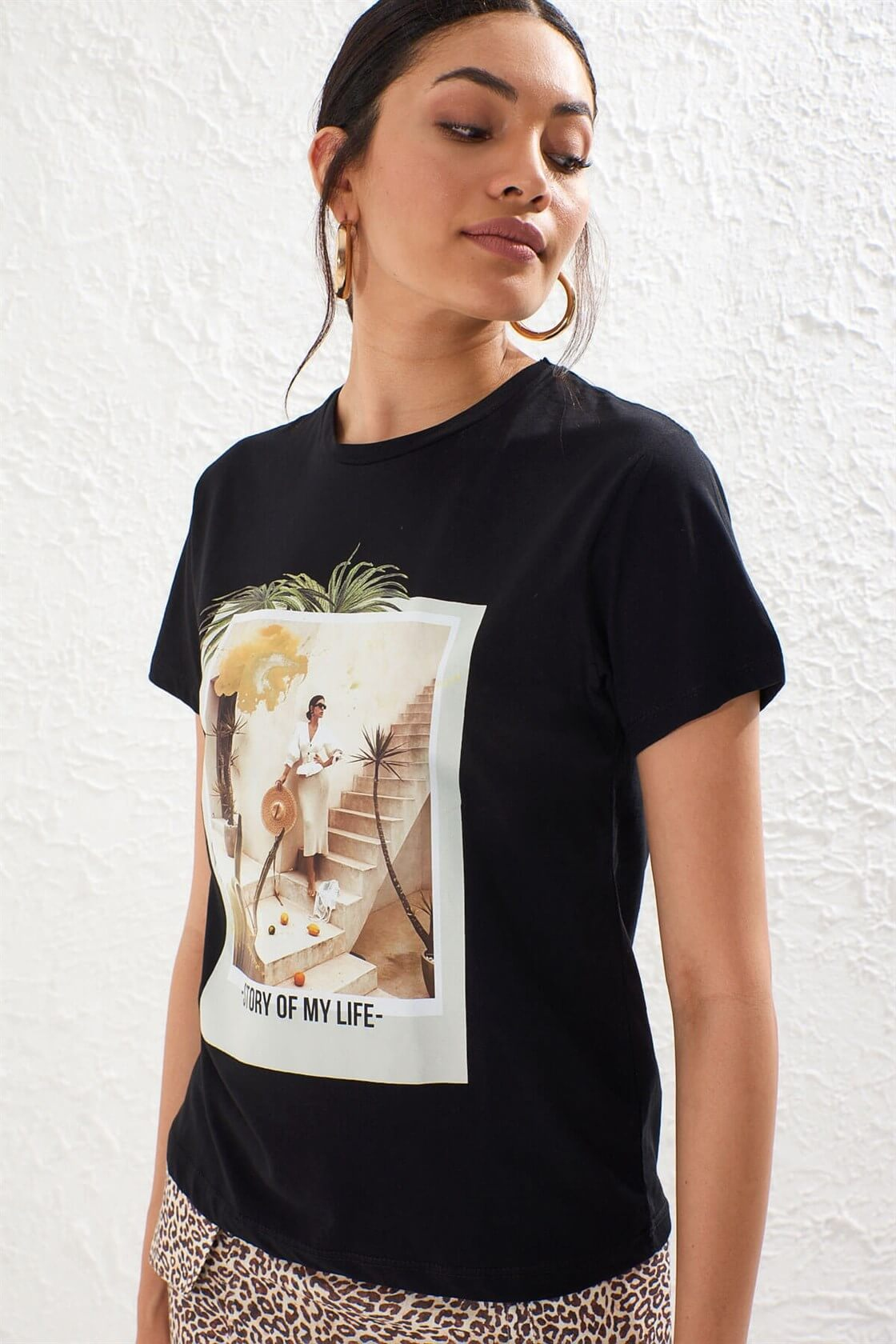 Siyah Bisiklet Yaka Kısa Kol Baskılı T-ShirtST050S7115102