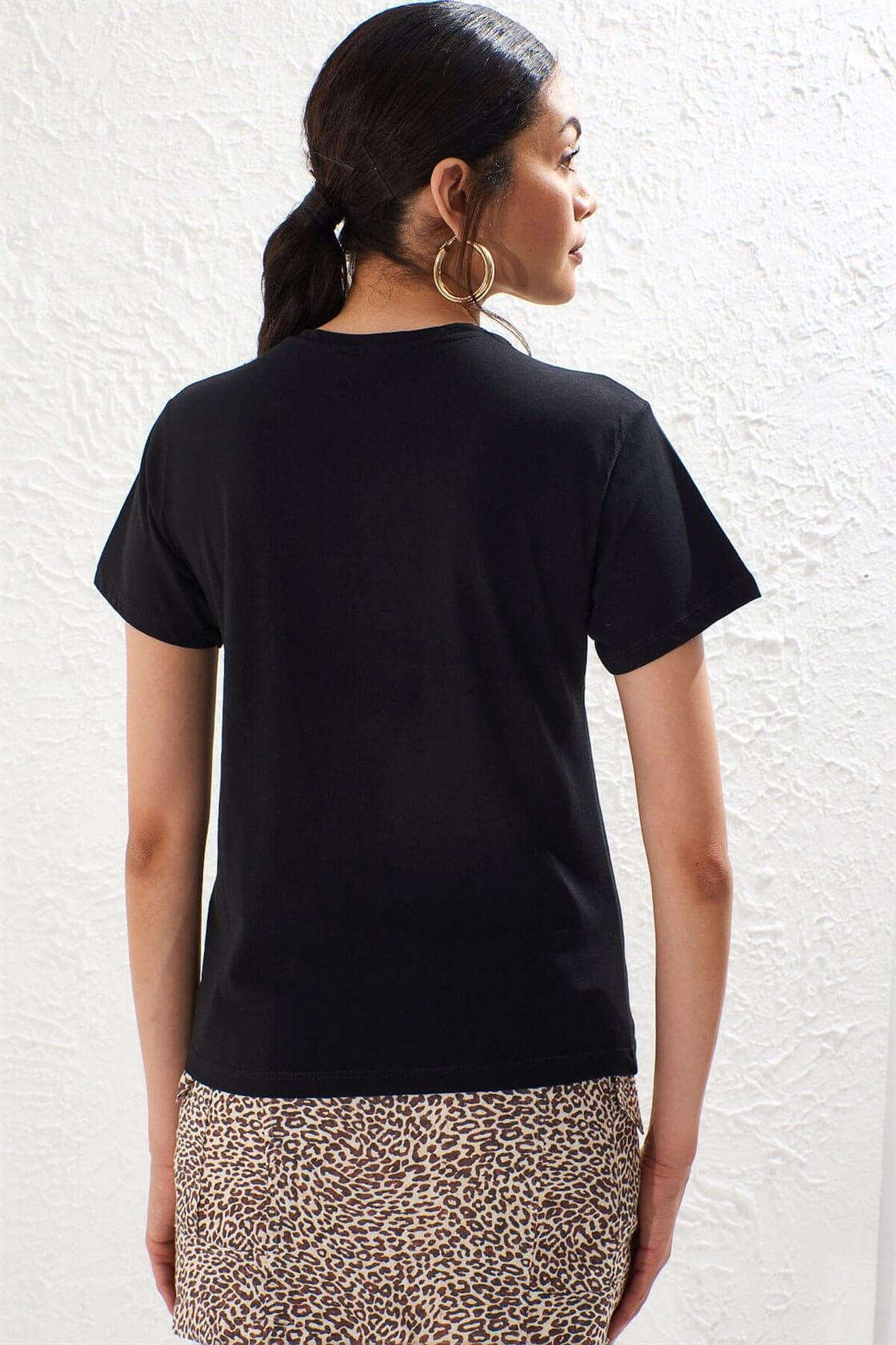 Siyah Bisiklet Yaka Kısa Kol Baskılı T-ShirtST050S7115102