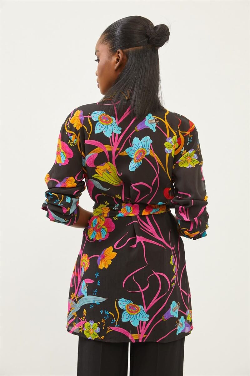 Siyah Floral Desen Kuşaklı TunikST060S65130001