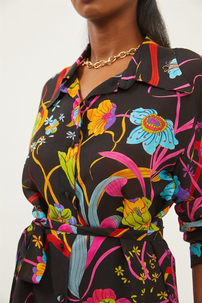 Siyah Floral Desen Kuşaklı TunikST060S65130001