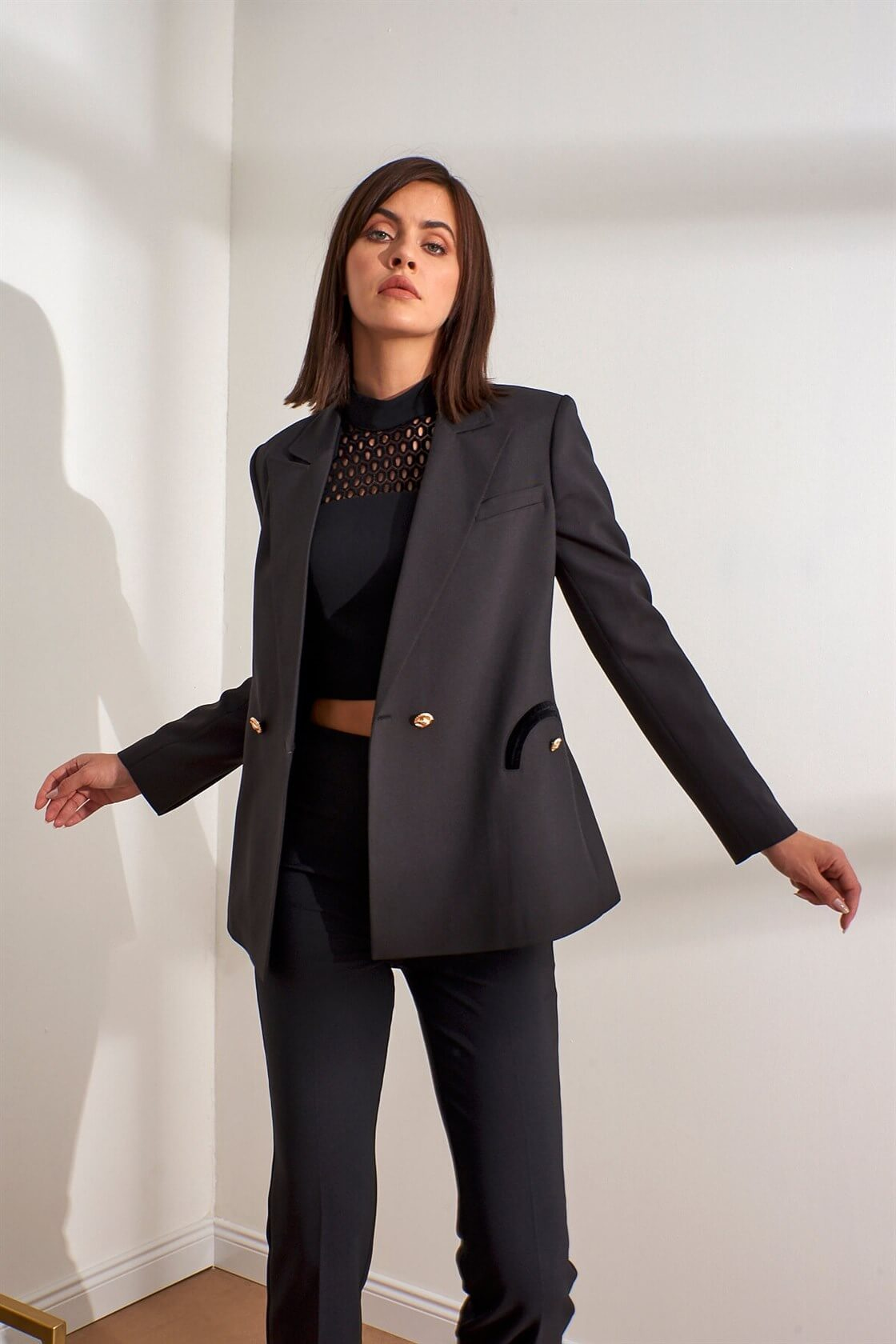 Siyah Kruvaze Kapama Uzun Kol Blazer CeketST060W9020201
