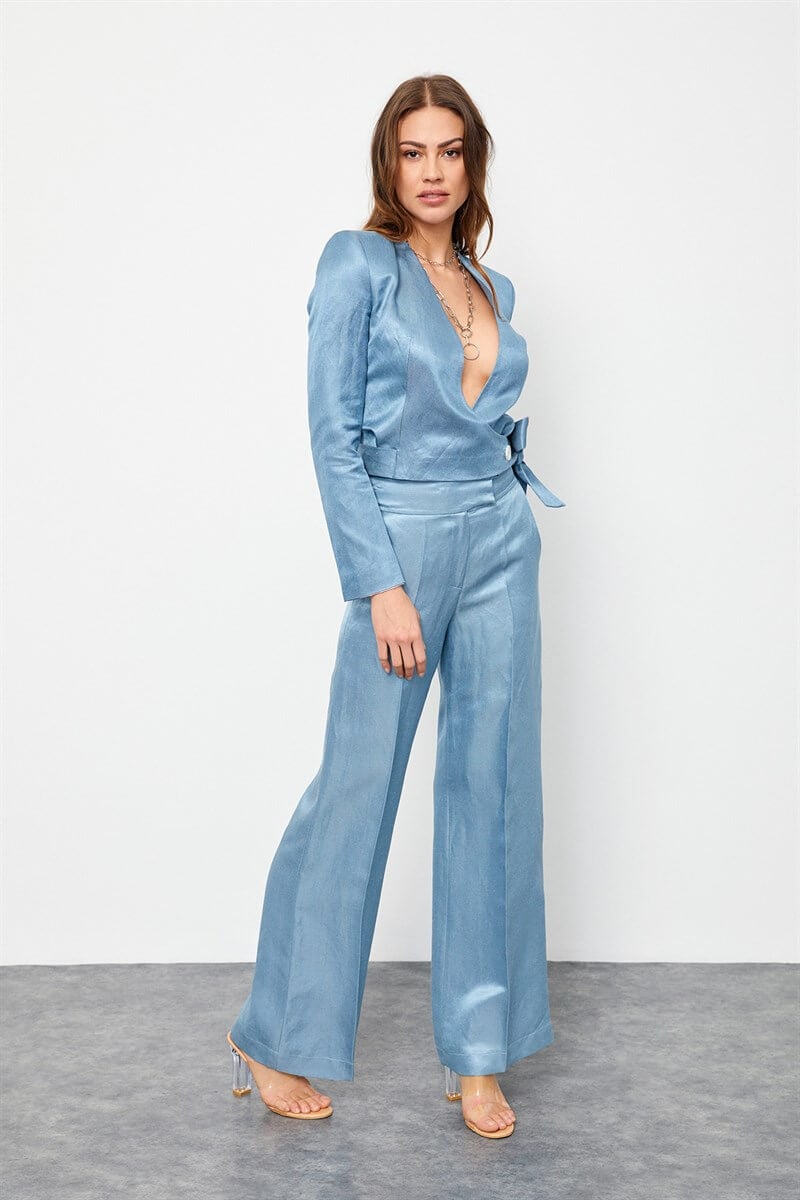 Tozlu Mavi Keten Rayon Parlak Kumaş A Kesim PantolonST060S2038301